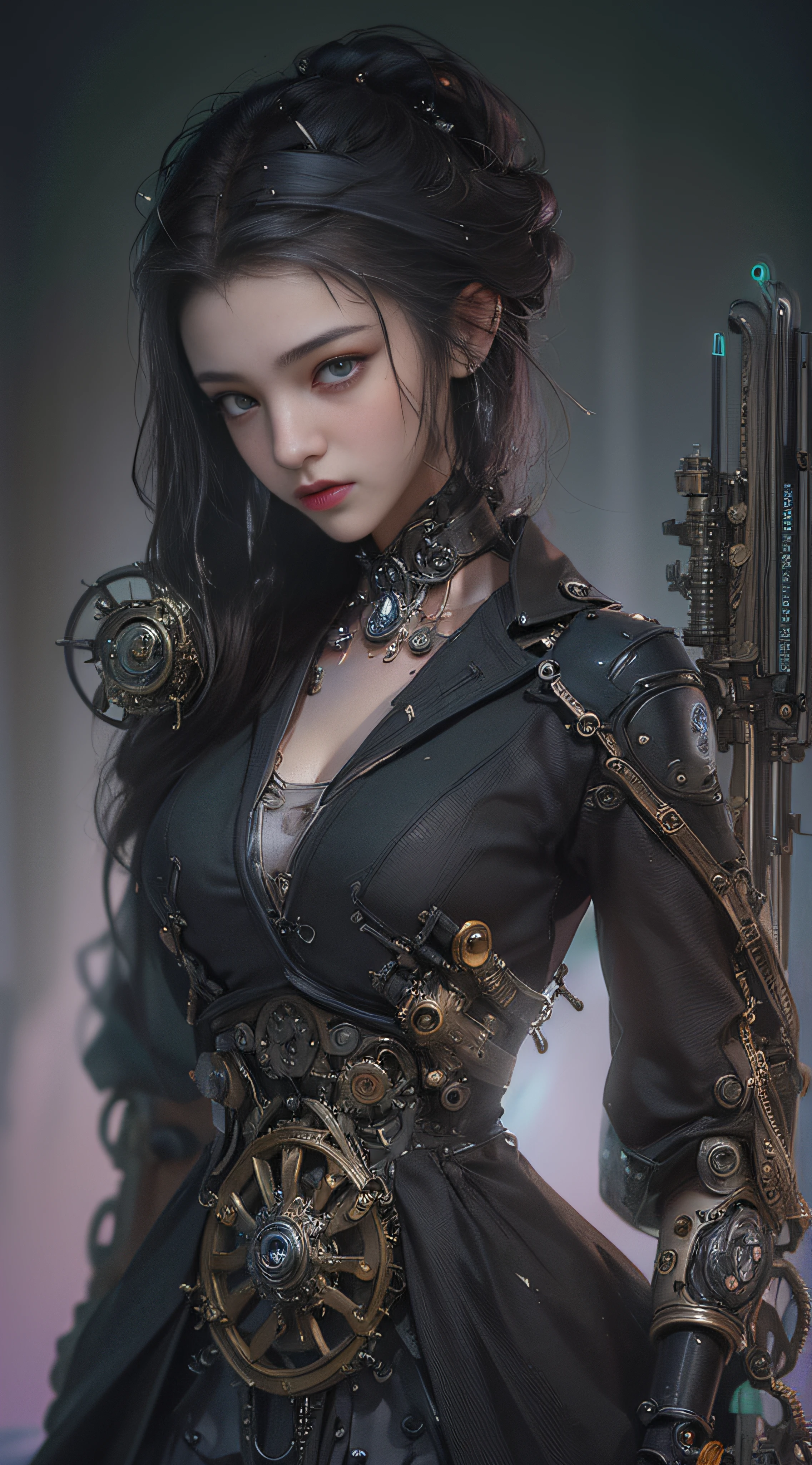 (((Masterpiece, top quality, super detailed))), (((one endless mage girl, , radiating magic))), bust up photo, (((( very detailed face))), (((very sharp focused eyes))), very large slit dark gray eyes that shine like jewels. Very long eyelashes, long dark hair in vertical curls, thick bangs, perfect princess cut, very gorgeous tiara, (((a fusion of intricate mechanical steampunk fashion, overdecorated gothic fashion and neon-lit cyberpunk fashion))), (((perfectly accurate human anatomy))), Long neck, narrow shoulders, long slender arms, small breasts, very thin waist, very small hips, long thin legs, (((overall accuracy dramatically improved, creating ultra detailed, realistic and realistic images))), (((magic, magic spell light, magic weapons))), dynamic poses, cinematic lighting,