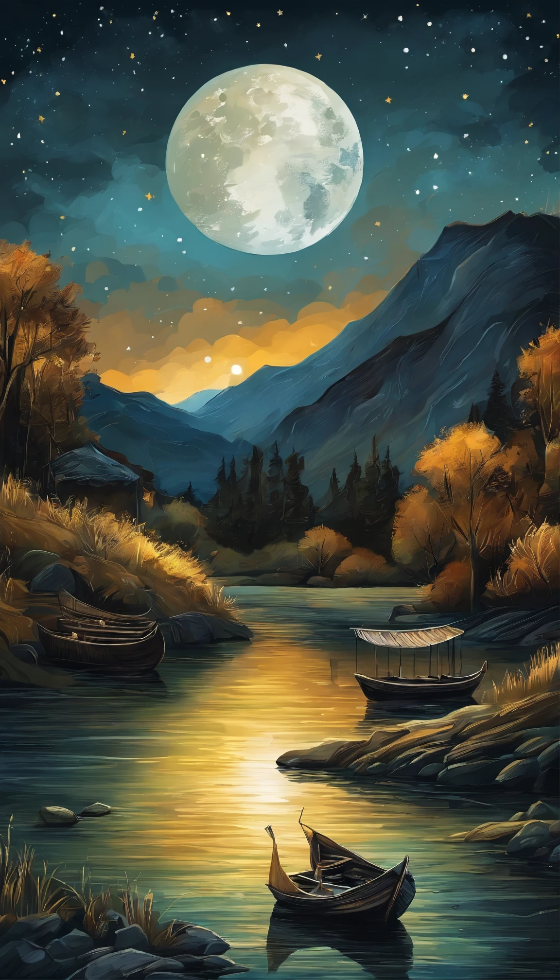 Night view of the old town,Seek and find,cheerless,The moon falls, the crescent moon falls into the lonely well,Fragmented,Bit by bit,There are flowers in dreams, green meadows in dreams,Long hair causes ripples,Shirabu Shishiiso,Kappa poles swing the boat,Crossing the ancient rare,(Small rivers),(Ancient boats),(There is a bright full moon in the distant night sky),(Shining stars),(Starcloud),(nighttime scene),(Inspired by Van Gogh:1.3),(Van Gogh starry sky painting style:1.3),OilPaintStyle,8k wallpaper,light and shadow effect,Tyndall,rendering by octane,White balance,Unreal 5,Extremely detailed picture,depth of fields,tmasterpiece,realisticlying,RAY