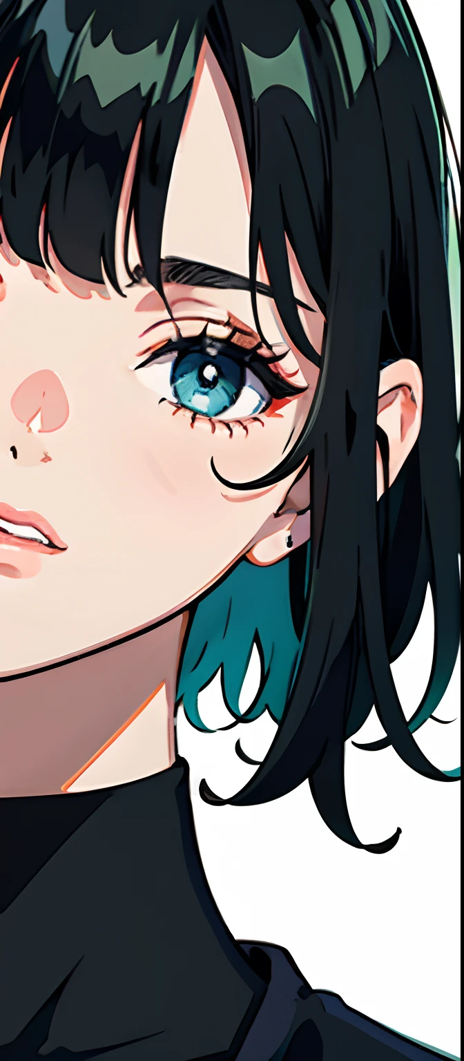 1girl,Short black hair with bangs, green eyes,Kissing a boy with black hair and blue eyes, white background