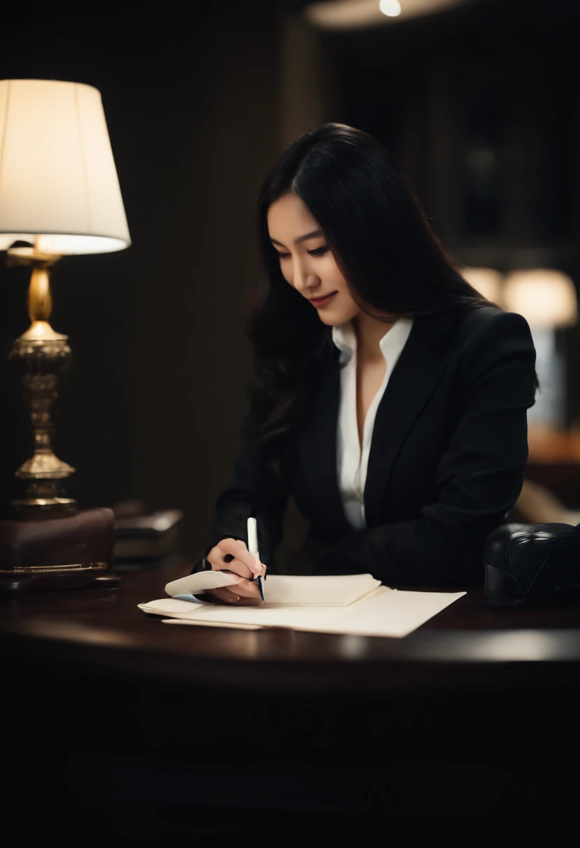 Wearing black leather gloves in both hands, upper body, black business suit, facing the desk in the modern study in the dark, looking down and smiling, writing a letter using a fountain pen, long, straight black hair, young Japanese woman (black leather gloves cover both hands)