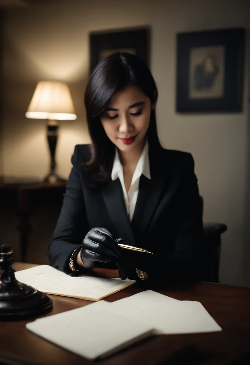 Wearing black leather gloves in both hands, upper body, black business suit, facing the desk in the modern study in the dark, looking down and smiling, writing a letter using a fountain pen, long, straight black hair, young Japanese woman (black leather gloves cover both hands)