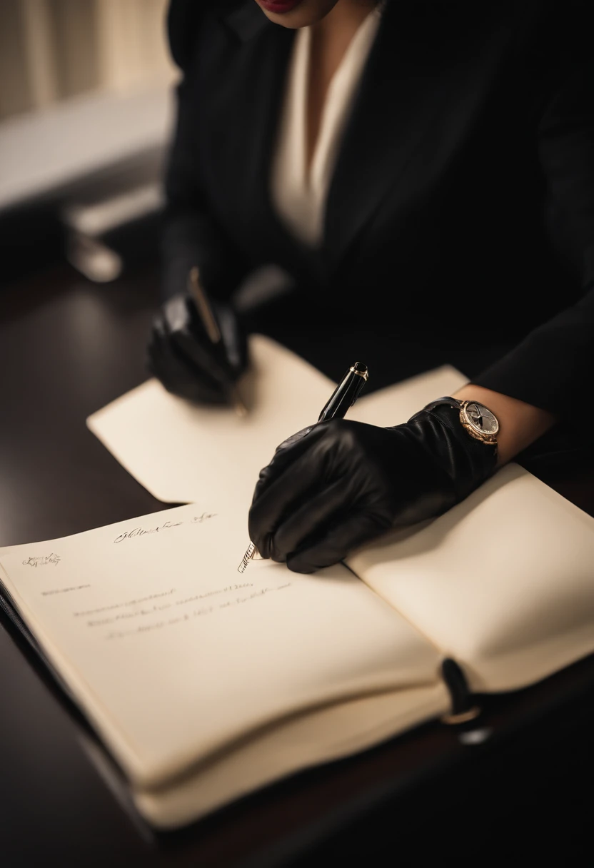 Wearing black leather gloves in both hands, upper body, black business suit, facing the desk in the modern study in the dark, looking down and smiling, writing a letter using a fountain pen, long, straight black hair, young Japanese woman (black leather gloves cover both hands)