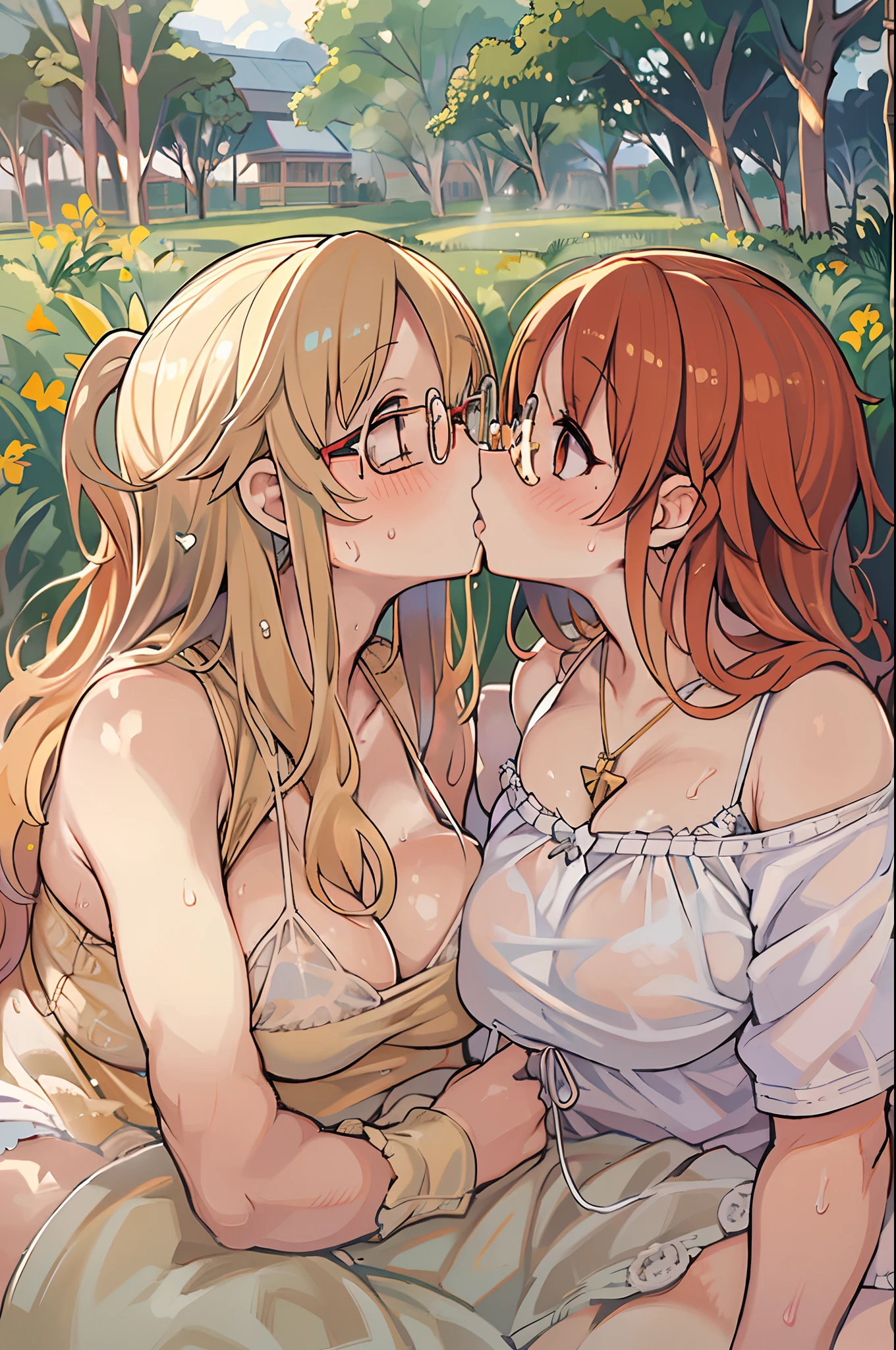 Two-dimensional girl、((Summer light))、Steppe on a summer day、((From the top))、Sun directly above、huge-breasted、big round glasses、bbw,Large Thigh、Two girls、embracing each other、Deep kissing、the kiss、lesbian、red blush