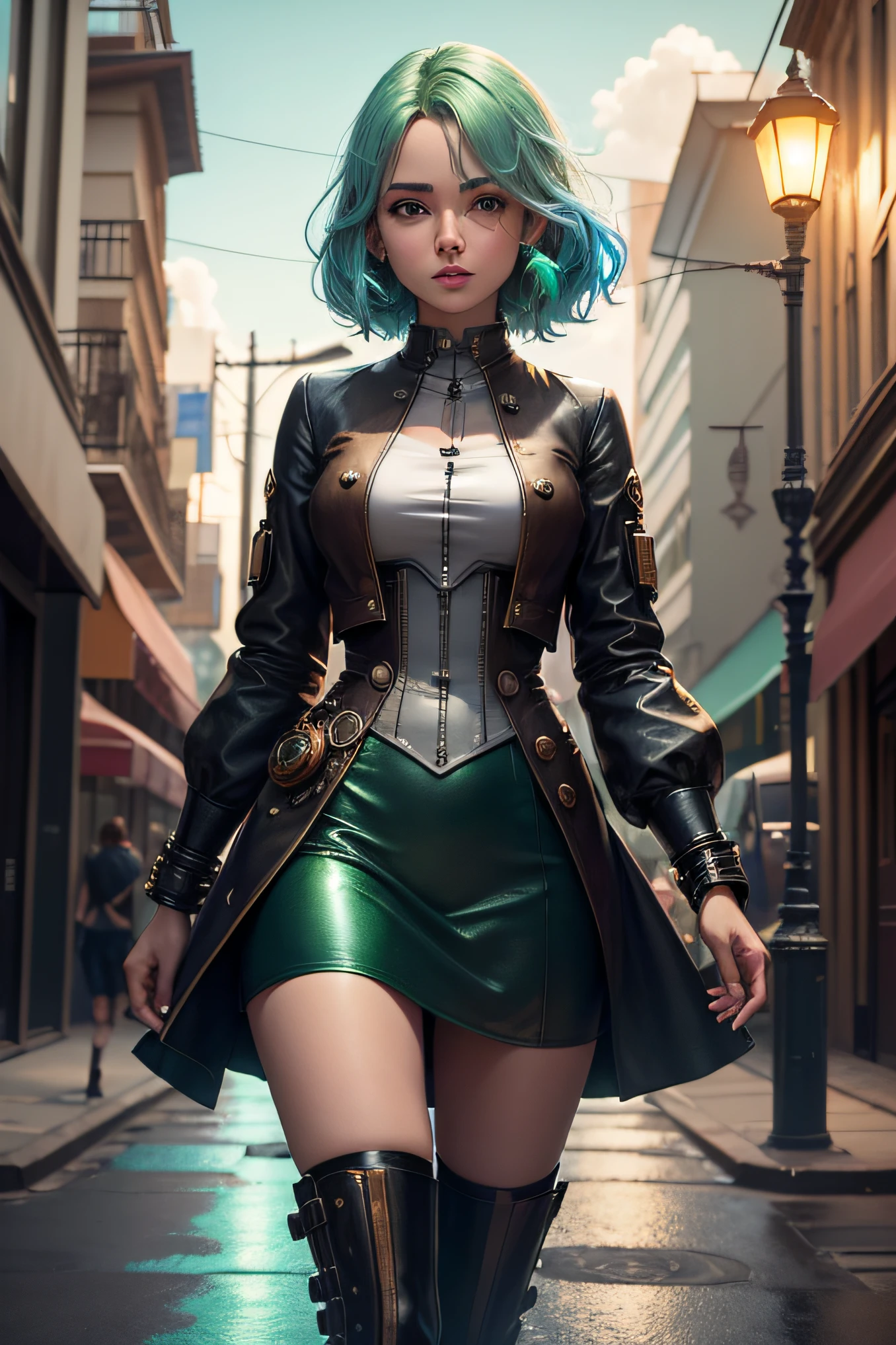 corpo inteiro de uma de cabelos azuis e olhos coloridos,com roupa Steam punk com luzes da cidade refletindo na pele. Futuristic street light with green light