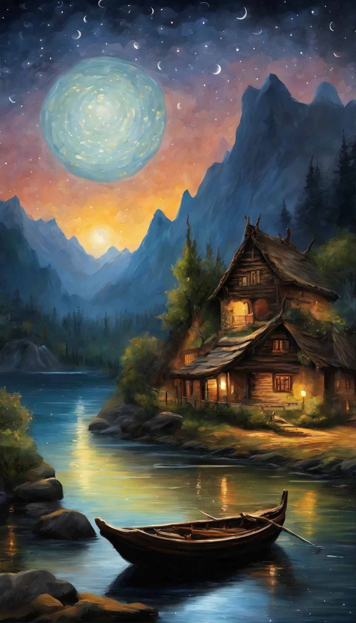 Night view of the old town，Seek and find，cheerless，The moon falls, the crescent moon falls into the lonely well，Fragmented，Bit by bit，There are flowers in dreams, green meadows in dreams，Long hair causes ripples，Shirabu Shishiiso，Kappa poles swing the boat，Crossing the ancient rare，（Small rivers），（Ancient boats），（There is a bright full moon in the distant night sky），（Shining stars），（Starcloud），（nighttime scene），(Inspired by Van Gogh:1.3)，（Van Gogh starry sky painting style:1.3），OilPaintStyle，8k wallpaper，light and shadow effect，Tyndall，rendering by octane，White balance，Unreal 5，Extremely detailed picture，depth of fields，tmasterpiece，realisticlying，RAY