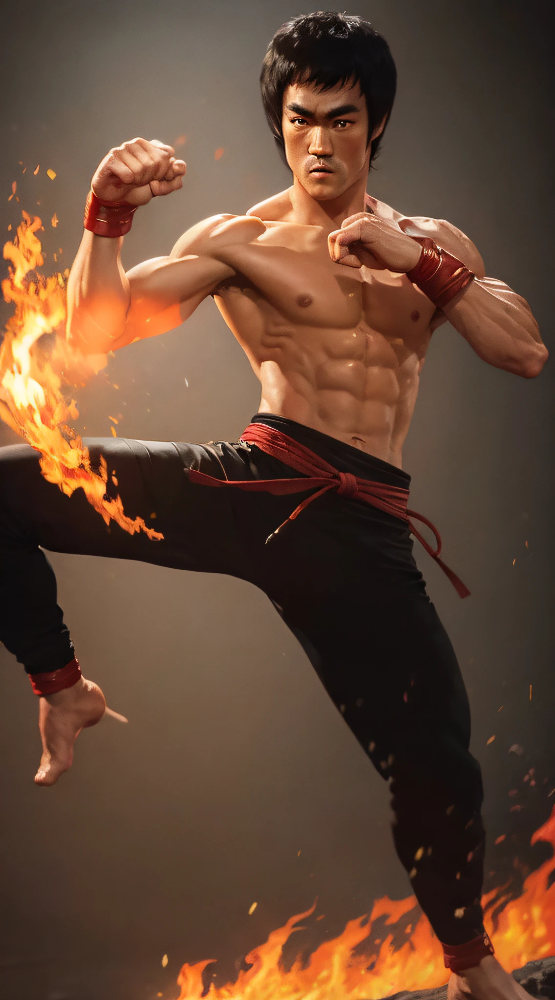 actor ((Bruce Lee)) as Liu Kang, Mortal Kombat, red headband, black pants with red stripes, fire on background, intricate, high detail, sharp focus, dramatic, photorealistic painting art by greg rutkowski