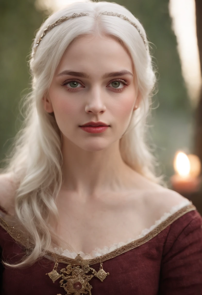 (((a deep reddish wound crosses her left cheek))) fair complexion, woman around 19 years old, natural white hair, distinctive green eyes, wearing kohl, slender and graceful, beautiful, candlelight in a medieval setting, ultra sharp focus, realistic shot, medieval female clothes, tetradic colors (scar:1.4)