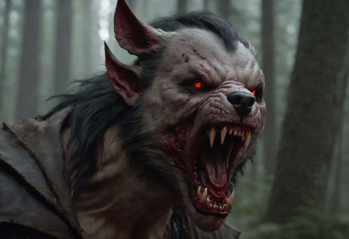 Uma pintura de um lobo realmente mest, with a bloodied face and a bloody head, carnificina, Sci - Horror Art of Fiction, Science fiction horror art, inspirado em Aleksi Briclot, Presas da carnificina, arte de fantasia de terror, Directed by: Aleksi Briclot, arte conceitual de terror, veneno, Arte de fantasia e terror, Detailed illustration of 4K horror, demonic creature, arte de terror de fantasia sombria