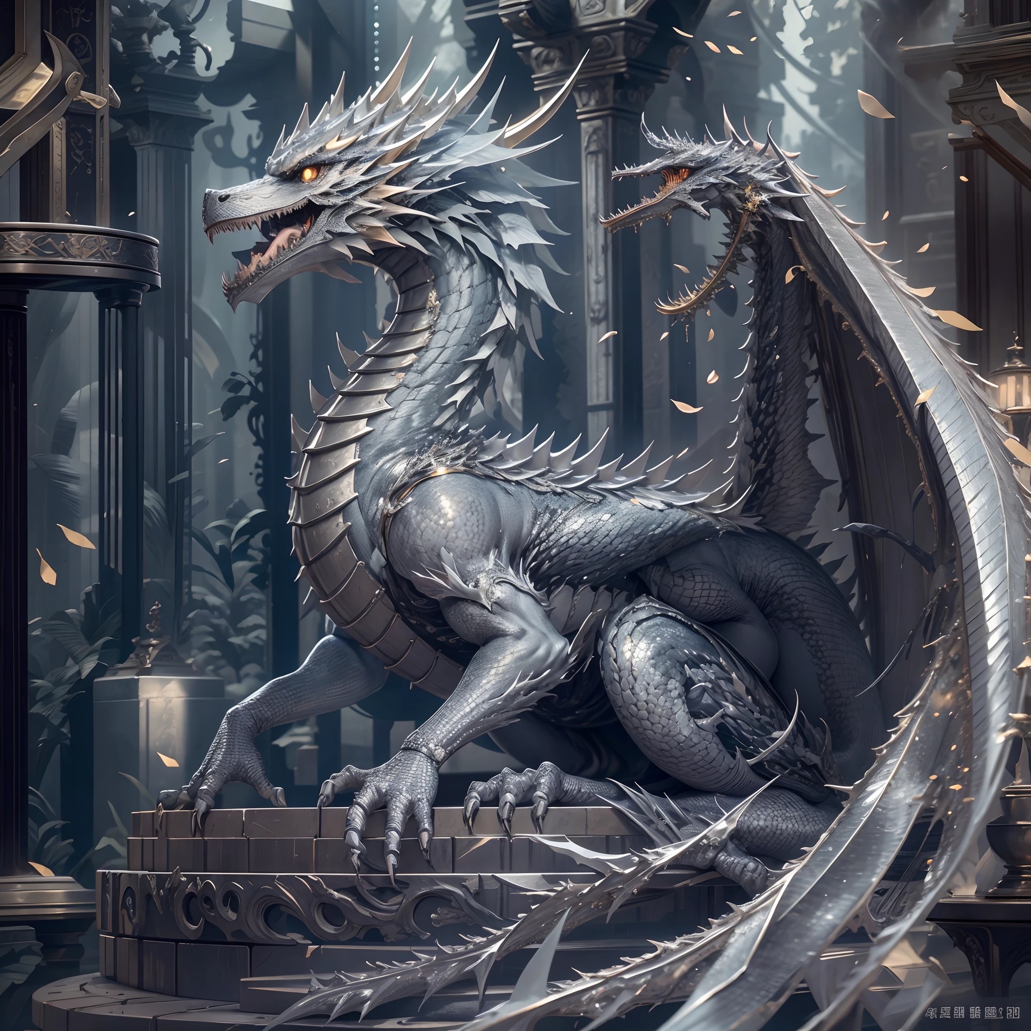 [Silver Dragon] [glittery], [Precise, Thin edges], [Meticulous, Surgical precision]，sitting in The Iron Throne。