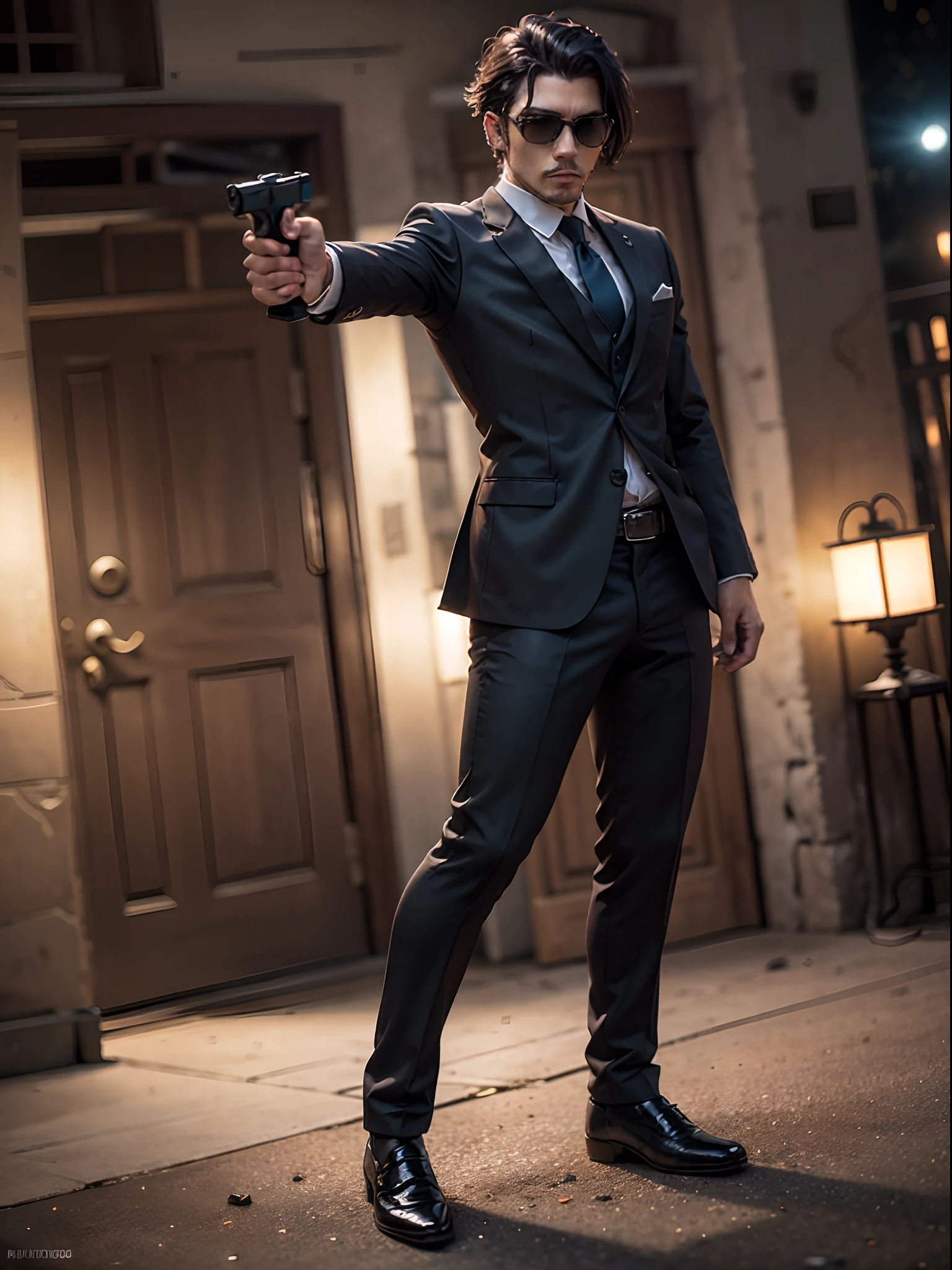 1man, male focus, handgun, Glock17, masterpiece, best quality, black suit and tie, dress shoes, cinematic action pose, sunglasses, holding and aiming a pistol, mansion, bodyguard, nighttime, danger atmosphere, depth of field, full body shot