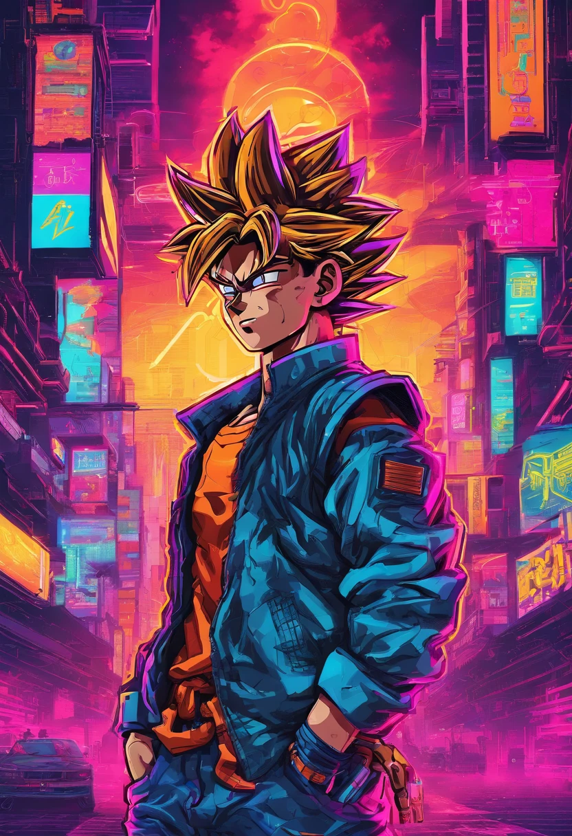 Son Goku ao estilo cyberpunk, cyber details, Chaotic city, Perfect and amazing details, fundo neon