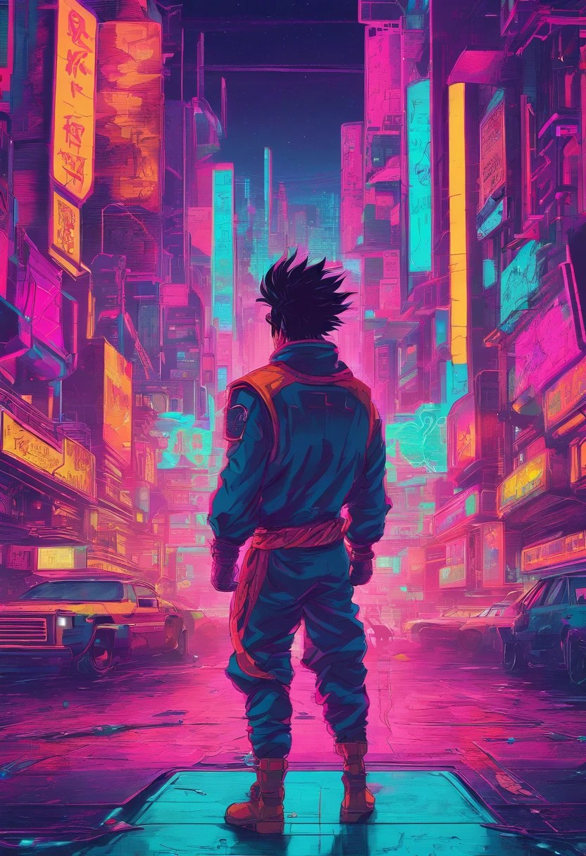 Son Goku ao estilo cyberpunk, cyber details, Chaotic city, Perfect and amazing details, fundo neon