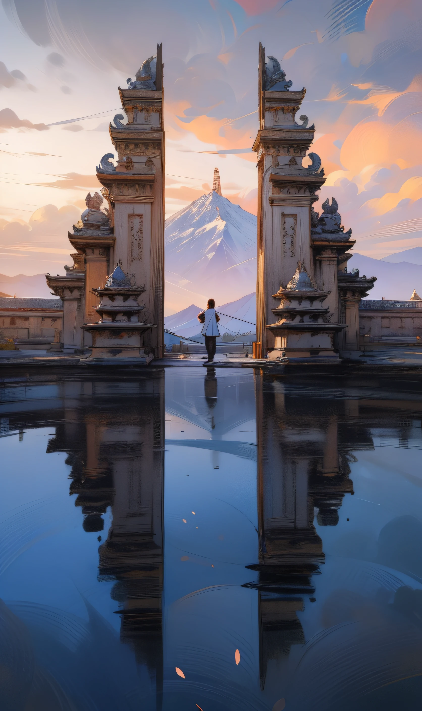 ((Masterpiece)), ((Best Quality)), a person standing in front of a gate with a mountain in the background, incredible reflections, portal to another world, water temple, reflection, beautiful reflexions, indonesia national geographic, temples behind her, unsplash contest winning photo, world seen only through a portal, intricate and epic composition, mystical setting, mirror world, reflects, reflected in giant mirror, mysterious temple setting