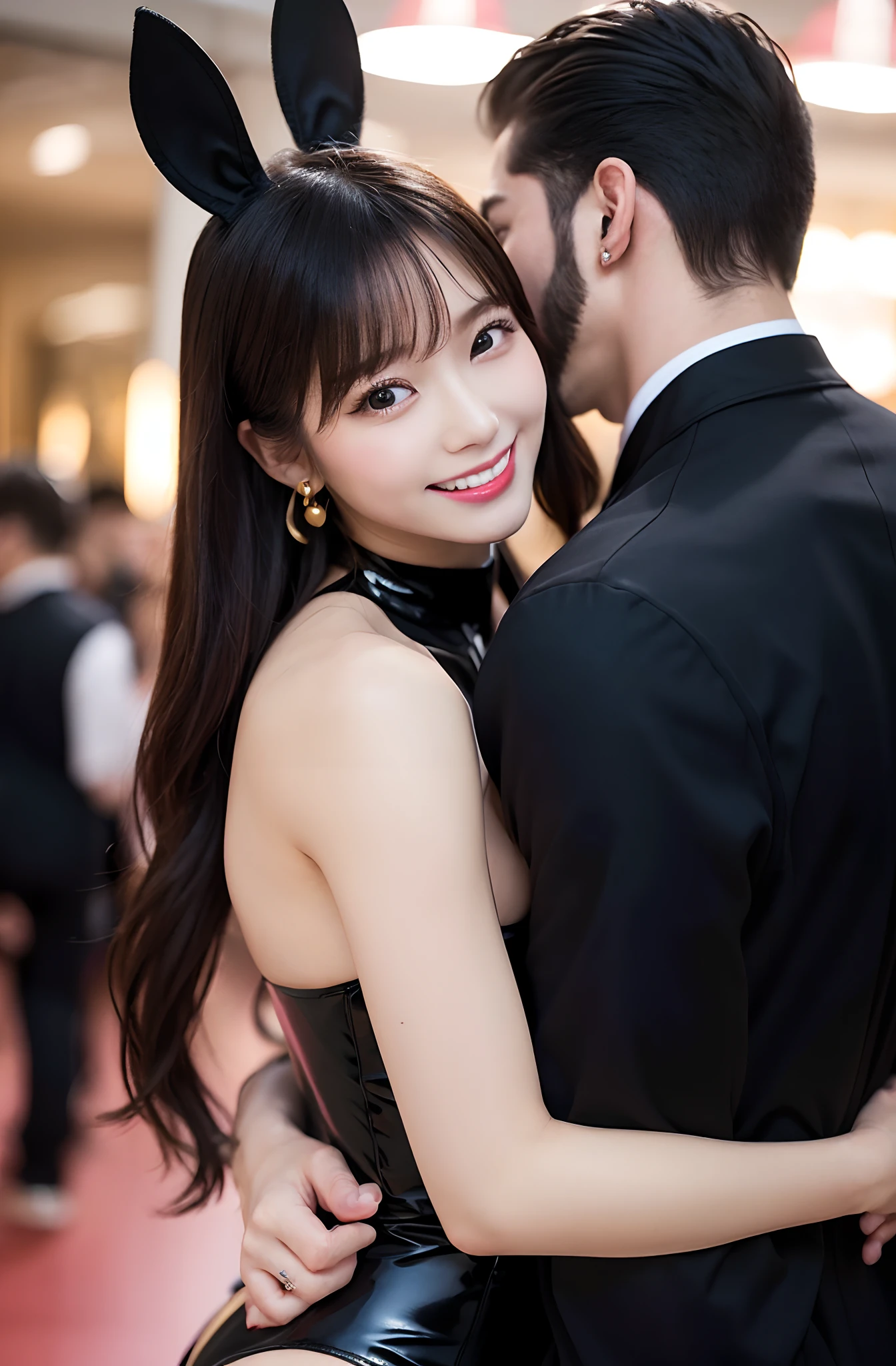 (masutepiece:1.4)、(top-quality:1.4)、(16k wallpaper:1.2)、(Photorealsitic:1.2)、(ultra-detailliert:1.2)、(超A high resolution:1.2)、super-detaild skin、Detailed and clean eyes、Neon light、Multiple men、(nightclubs:1.2)、(A man is rubbing my chest from behind:1.5)、(A man grabs my chest from behind:1.5)、Pink eye makeup、Natural Color Lip、Red cheeks、Japan 18-year-old woman、Black Bunny Girl Costume、latex suit、(All Black Bunny Earbands)、highleg leotard、Black stockings、Semi-long bob hair、large full breasts、Happy smile、Panting face、Lacking、Golden earrings、sexy pose、clean legs、Crowd of men、Nice Body