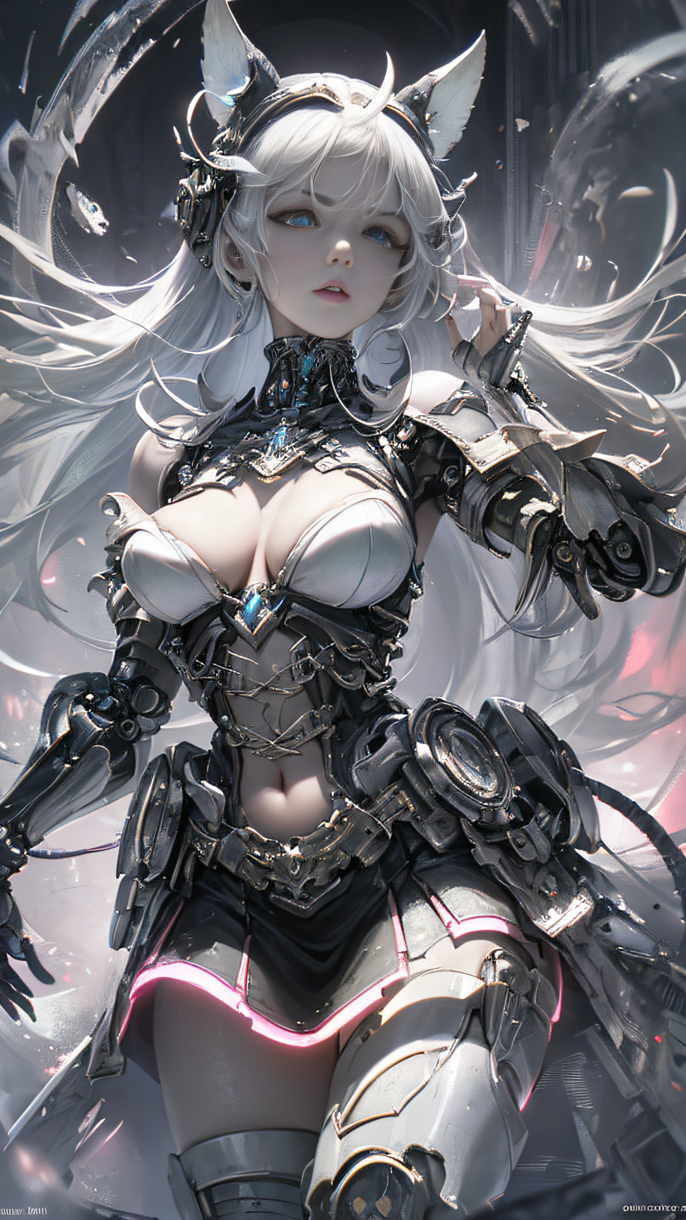 (((Masterpiece, top quality, super detailed))), ((Ultra-Photorealistic 3D)), Complex mechanical cyborg girl, Skeleton body, Dynamic combat action poses, Off-the-shoulder fashion fused with detailed and intricate steampunk and detailed gothic lolita, Complex steampunk headgear, very thin long legs, Complex mechanical boots above the knee, Fluttering Lace Flared Mini Skirt, beautiful small breasts directed upwards, rather long vertical cur, (((( highly detailed face))), small thin nose, small thin lip mouth, (((very sharp focused eyes))), very large slit precision pale gray eyes that shine like jewels. Very long eyelashes, ly silver hair moved by the wind, Emitting a dazzling light in a mandala pattern, Lots of neon lights cross and splash, Extremely complex giant mechanical weapons, Complex mechanical factory bursting into flames, Very dark night background, Very dramatic and cinematic lighting, (((a dramatic leap in overall precision, creating a super detailed and realistic image))), HDR (High Dynamic Range), Ray Tracing, NVIDIA RTX, Super Resolution, Unreal 5, Subsurface Scattering, PBR Texturing, Post-Processing, Anisotropic Filtering, Depth of Field, Maximum Clarity and Sharpness, Multilayer Textures, Albedo and Specular Maps, Surface Shading, Accurate Simulation Light Material Interaction, Perfect Proportions, Octane Rendering, Two-Tone Lighting, Wide Aperture, Low ISO, White Balance, Rule of Thirds, 16K RAW,