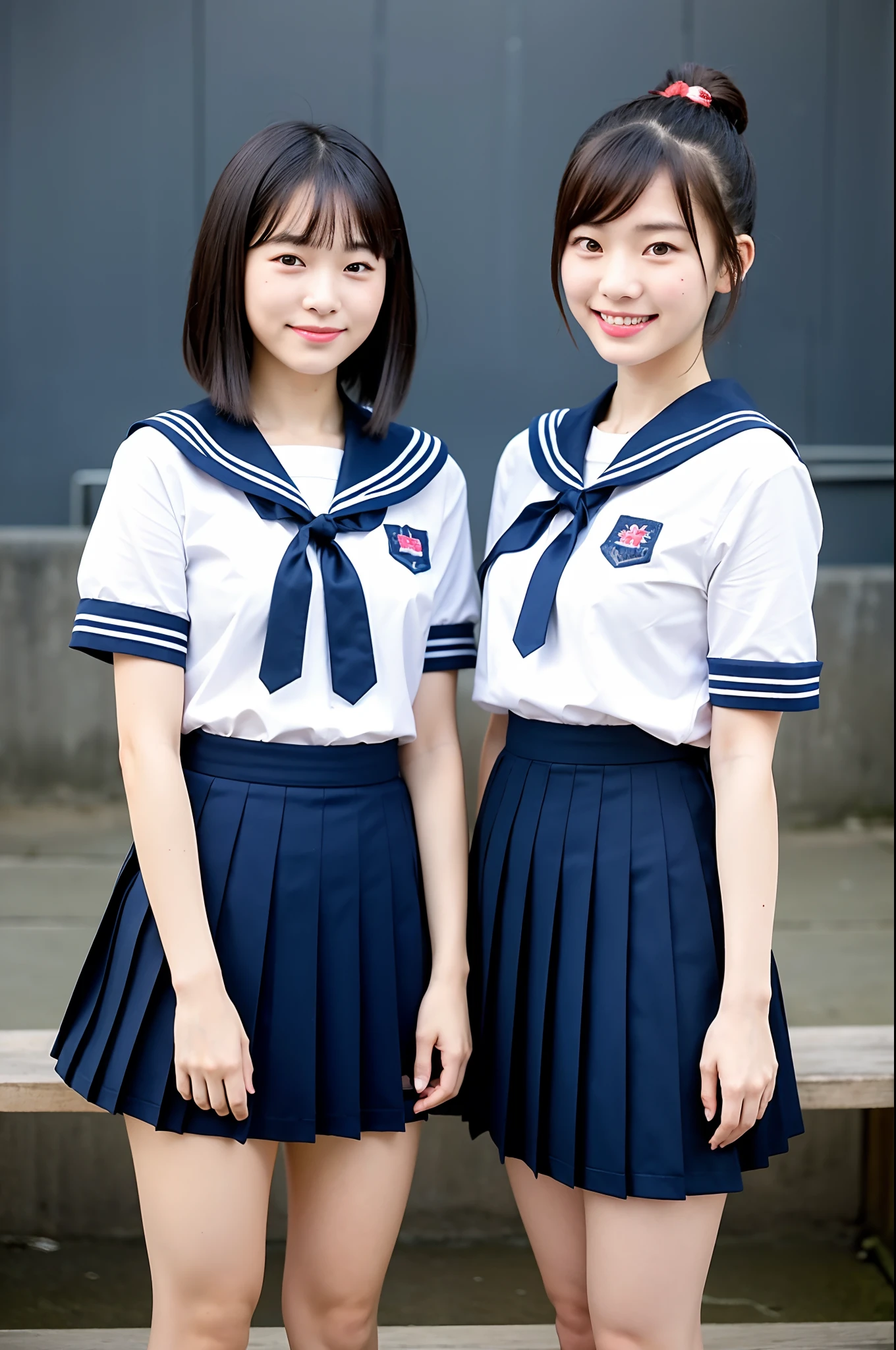 2 girls walking in wooden school classroom,white sailor shirt and white thong,skirtless,18-year-old,bangs,a little smile,thighs,knees,short hair with low pigtails bunches,from below,front light