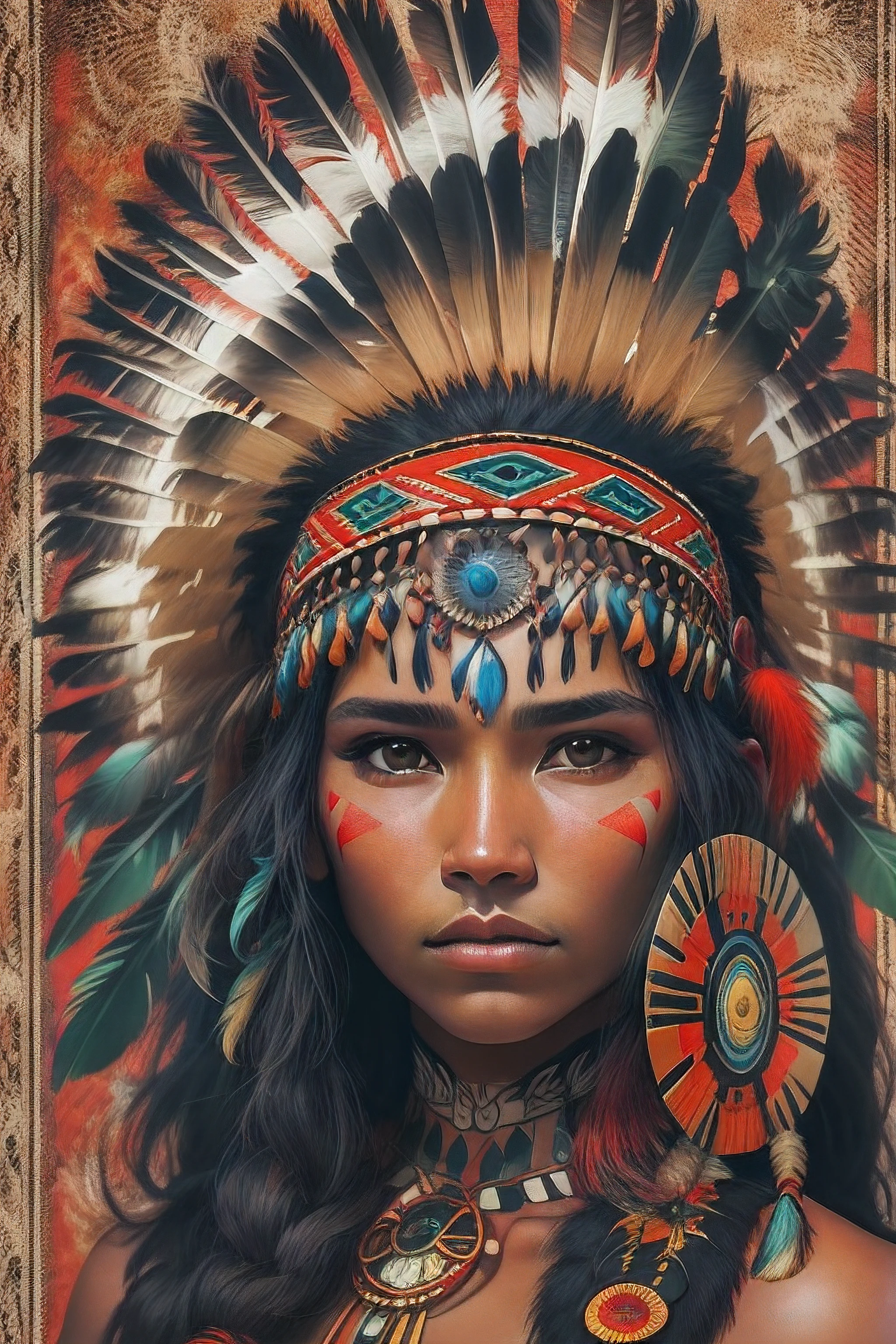 A beautiful scantily clad indigenous woman wearing a headdress, cabelos pretos longos cacheados, rosto bonito, imagem de corpo inteiro, imagem alto detalhe, simetria, Arte de Fantasia