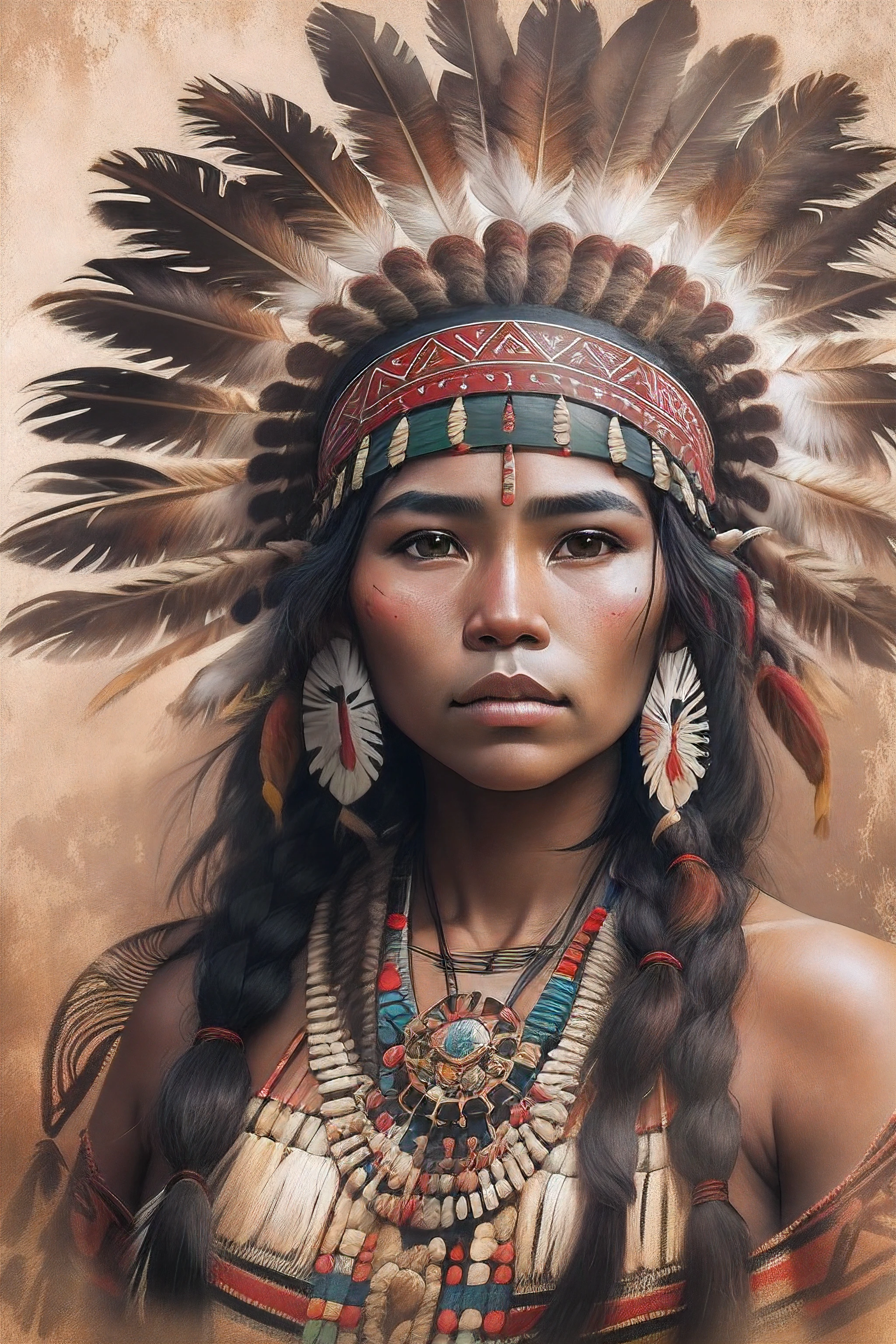 A beautiful scantily clad indigenous woman wearing a headdress, cabelos pretos longos cacheados, rosto bonito, imagem de corpo inteiro, imagem alto detalhe, simetria, Arte de Fantasia