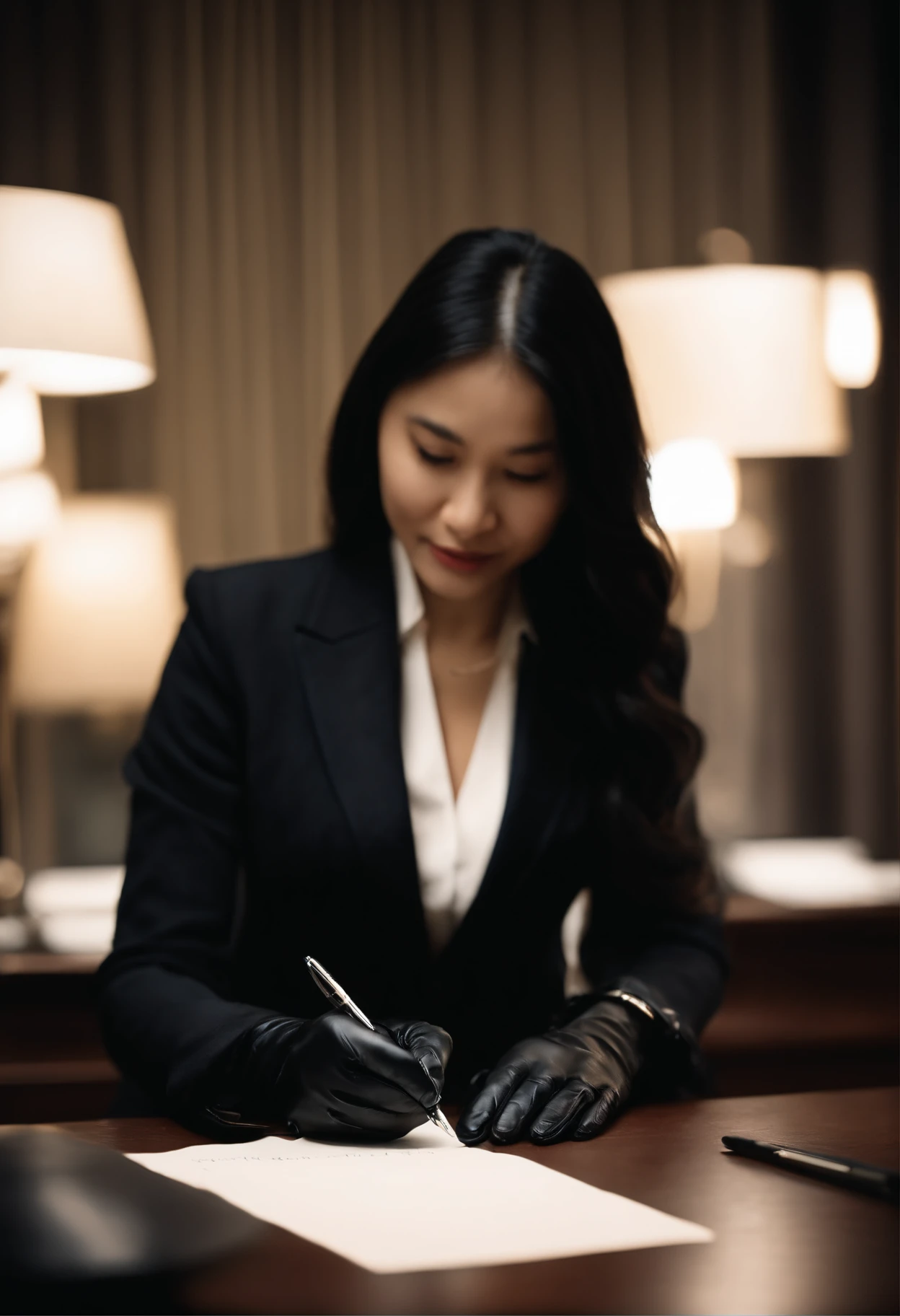 Wearing black leather gloves in both hands, upper body, black business suit, facing the desk in the modern study in the dark, looking down and smiling, writing a letter using a fountain pen, long, straight black hair, young Japanese woman (black leather gloves cover both hands)