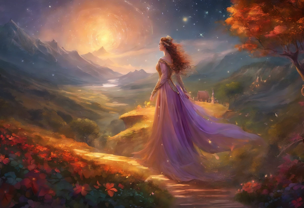 landscape, A queen in a dress made of starry night veil is crossing on the Earth down below with her extraordinary long hem dragging. As she walks, starry night falls on her path. A starry night fantasy. perfect beautiful face, perfect hands, fantasy art, landscape,