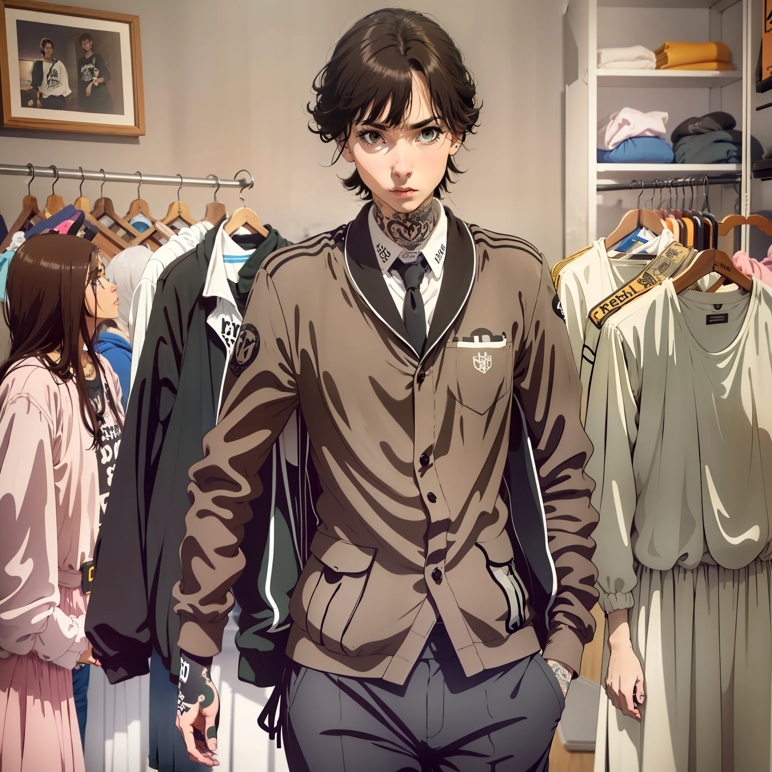 chico anime, 22year old, gotic, ((mejor calidad 8k))((straight brown hair long to the shoulders)) piel blanca y tersa, pale, joven, cara larga y afilada, expression would be, Mirada fria, vista de frente, (ropa negra, chaqueta de cuero negra), Camiseta interior negra, camea primer plano, fondo desenfocado, ((en una habitacion oscura)) (ropa negra gotica) ((tatuajes en la cara))