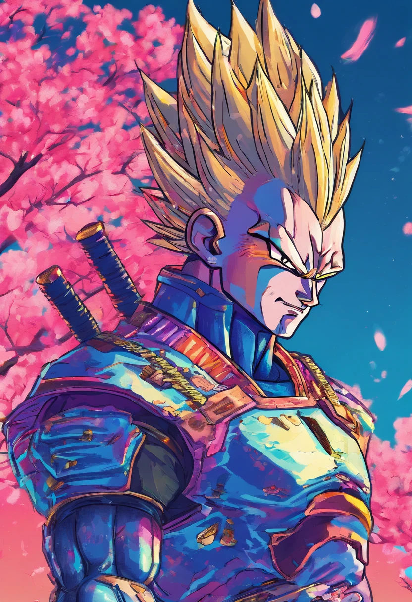 Vegeta, masculino, com armadura de samurai, armadura perfeita, incredible details, com Espadas Sai, Dragon Ball, Anime, expression serious, Japanese temple background with cherry trees