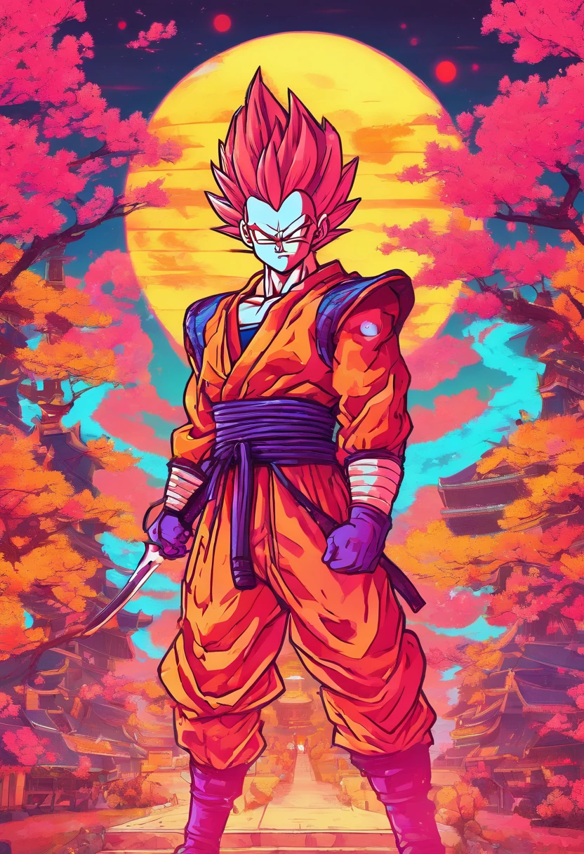 Vegeta, masculino, com armadura de samurai, armadura perfeita, incredible details, com Espadas Sai, Dragon Ball, Anime, expression serious, Japanese temple background with cherry trees