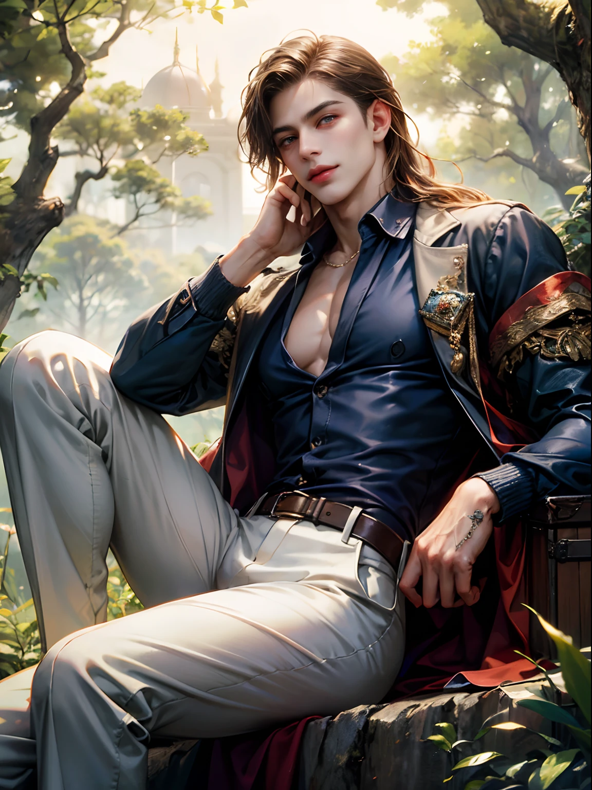 (absurdres, highres, ultra detailed, HDR), masterpiece, best quality, bohemian style loose cardigan jacket, white collar shirt open chest, lightly muscular, portrait of a boy, handsome, caucasion mixed race, detailed face, lightly tanned skin, dark amber color eyes, round eyes, handsome adventurer, traveler, professional photo, rpg style man detailed torso, sitting comfortably while legs spread, (puffy(from below:1.1)), eyes on viewer,young boy 20 years old, handsome boy, detailed background, auburn color long hair, wolf cut hairstyle, soft handsome boy feature, big happy smile, forest cliffside background.