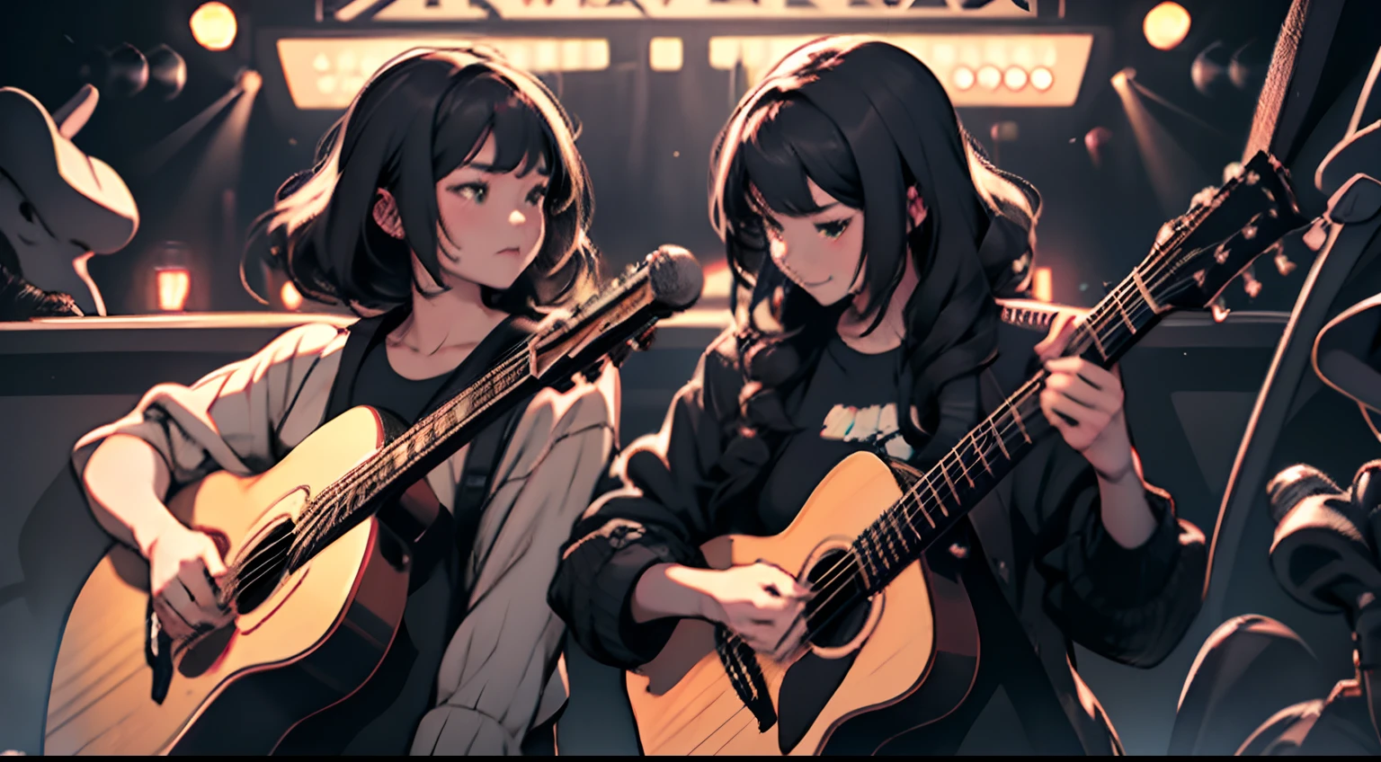 Two girls、Playing guitar、Facing each other、Have fun playing、Performing at live venues、neons