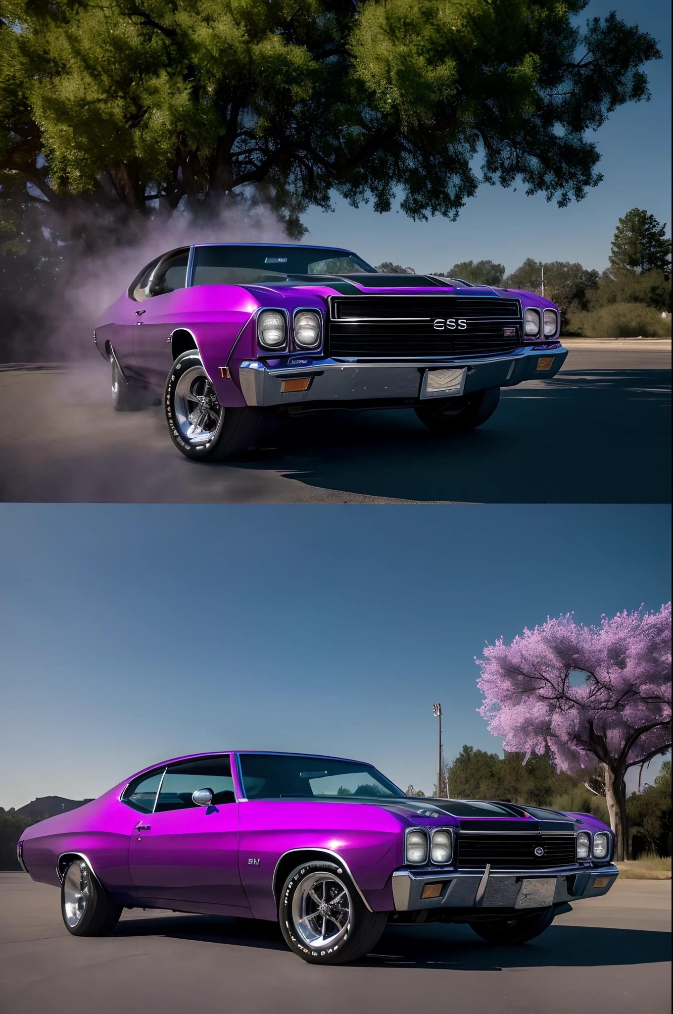 1972 Chevy Chevelle Malibu,Midnight purple with ghost spider-web paint,chrome mag wheels,(best quality,4k,8k,highres,masterpiece:1.2),ultra-detailed,(realistic,photorealistic,photo-realistic:1.37),bright field,trees in background,mid day,cinematic lighting