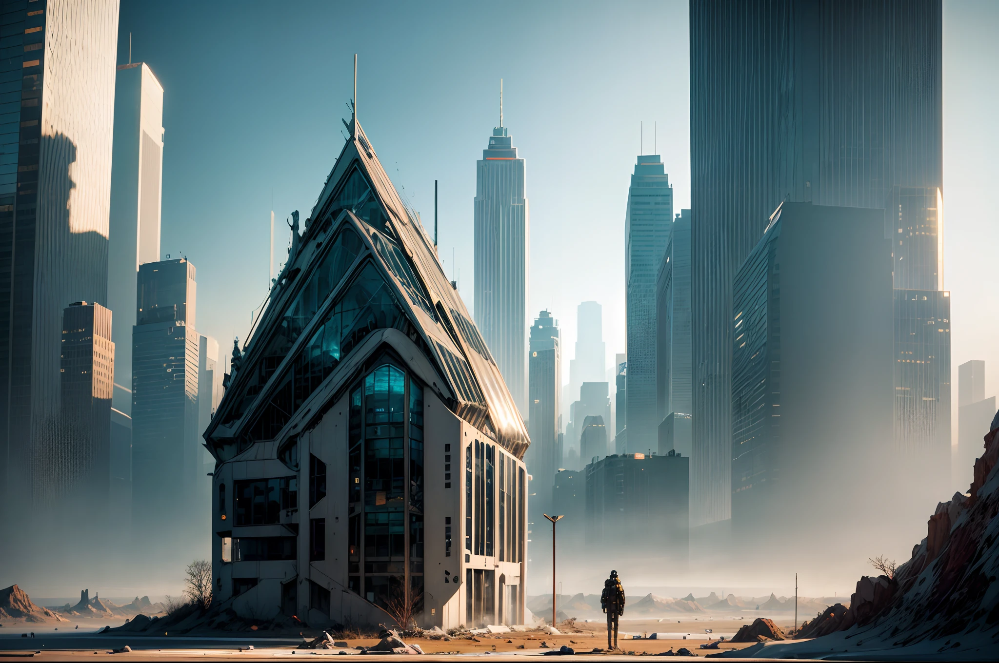 Envision a world designed by Ismail Inceoglu and Simon Stålenhag where crystal figures with glitch patterns stand in an ultra-detailed CG landscape. Their half-missing heads, empty eye sockets, and translucent bodies illuminate the dystopian horizon. Behind them, the complex backdrop painted by Ryan Church adds unimaginable depth to the scene. Use ultra wide field perspective to capture this chilling vision.