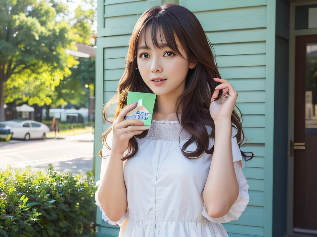 hold a paper pouch package next face (3:1), full body(9:1)(Best Quality), High collar, Very high saturation, All colors deepened, delicated face、Extremely detailed light and shadow, very detailed face and eyes, Fluffy wavy hair, white long cloths, colored clouds,(Best Quality), very detailed face and eyes, the morning sun、holding a paper package close to face、hands up、Place your hands high、Dynamic Positions、Full-body configuration、inside a cafe、full of blue environment, Dress like a grown-up、full of natural、green color wall, hightquality, smile, herbs park, look down face