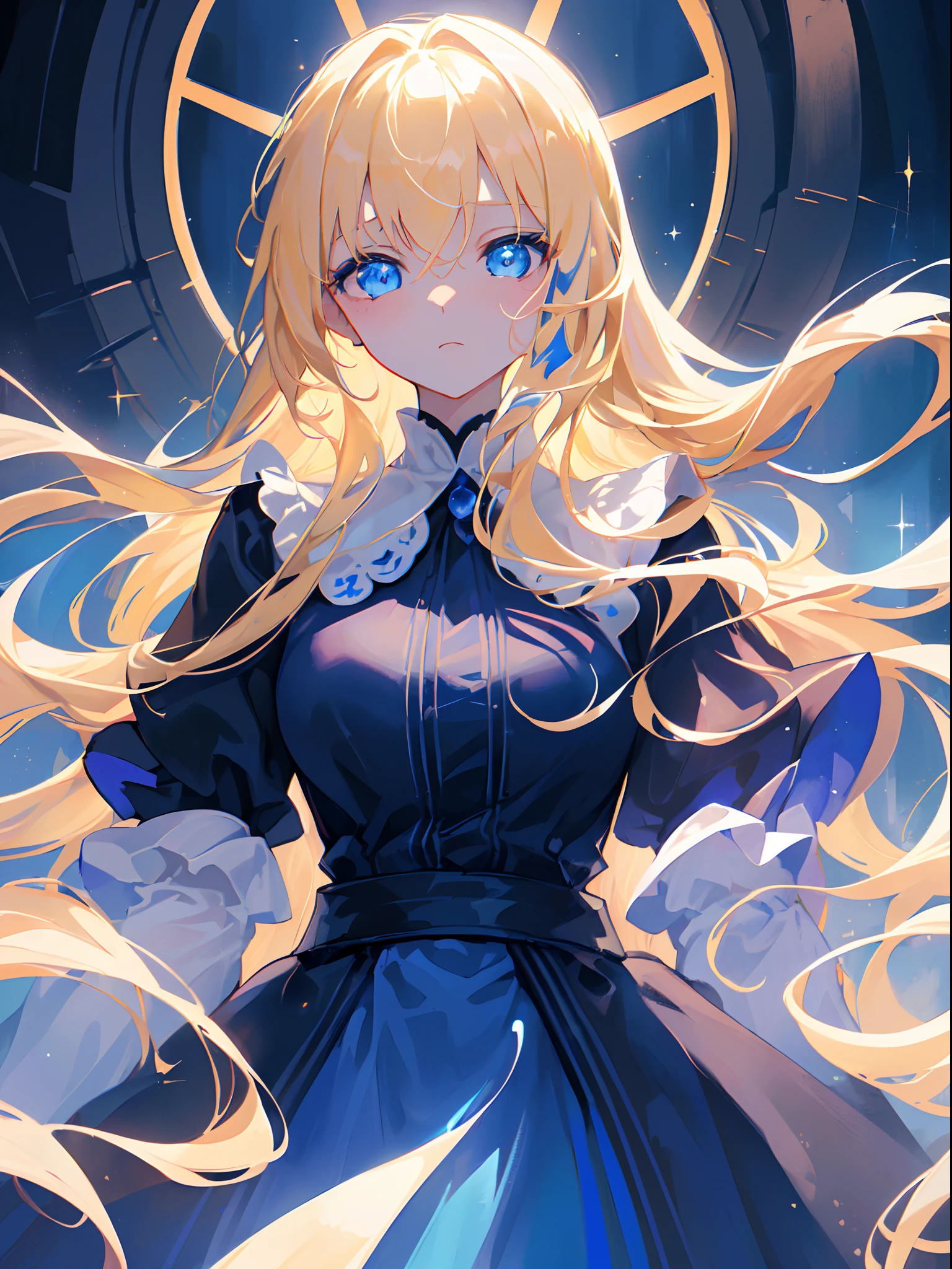 (extremely detailed CG unity 8k wallpaper,masterpiece, best quality, ultra-detailed),(best illumination, best shadow, an extremely delicate and beautiful),floating,high saturation,blonde hair+blue eyes:1.2,gloomy gothic scenery, long hair, gaze into the distance. (A beautiful girl with long blonde hair and blue eyes sparkling gothic lighting)