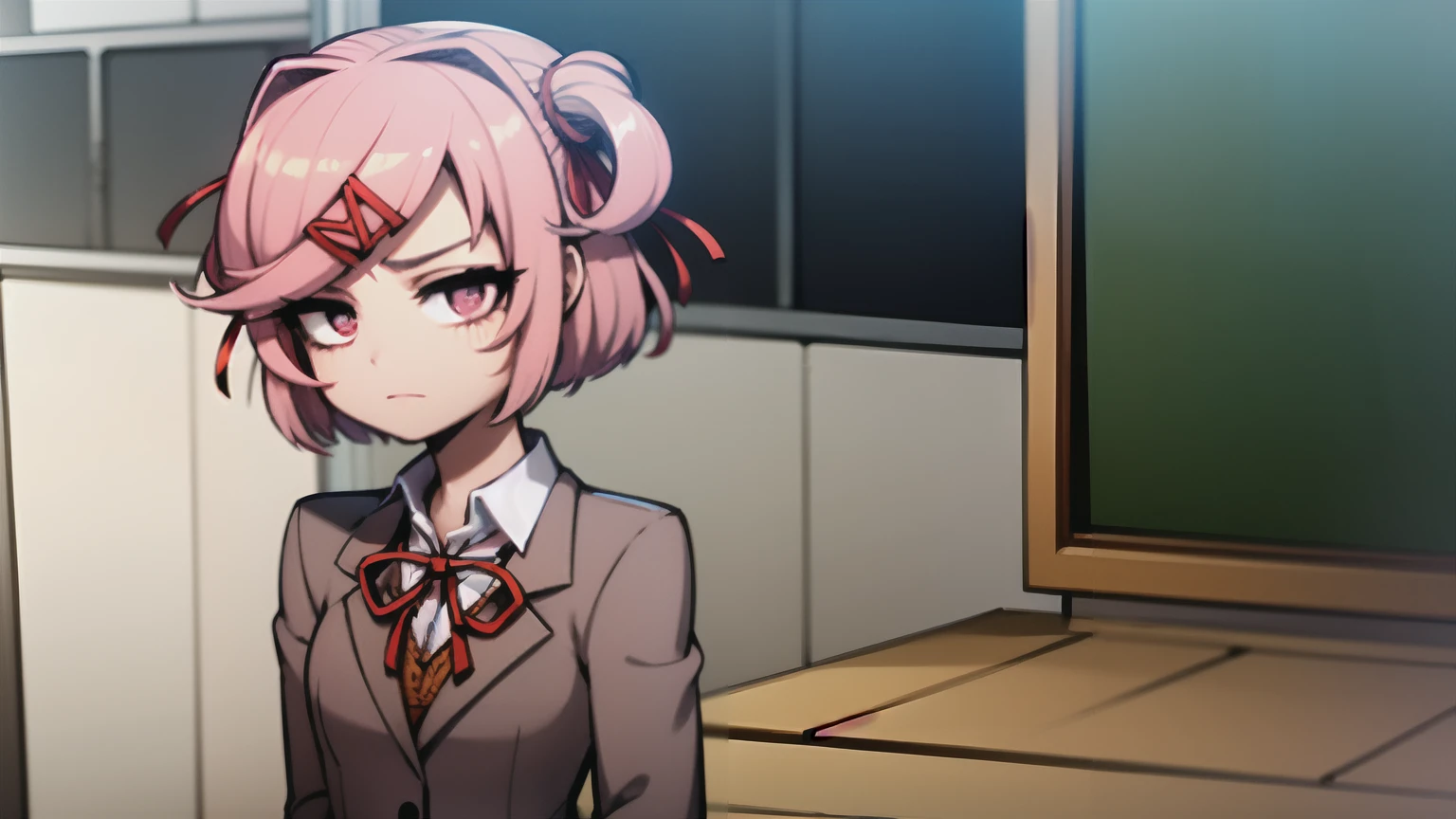 natsuki (ddlc), short hair, pink colored hair, pink colored eyes, small thigh, small chest, small body, school uniform, anime art style, doki doki literature club art style
