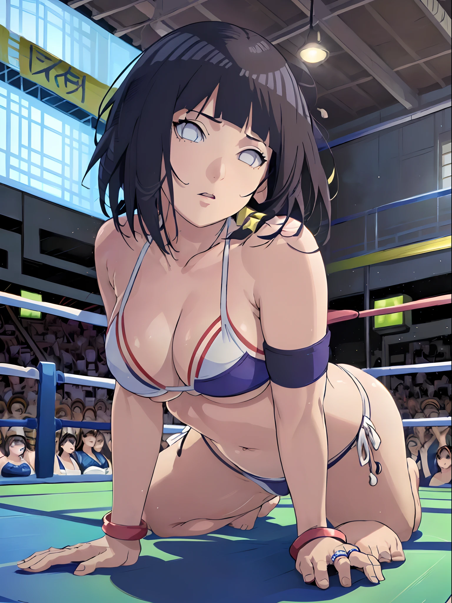 (WALLPAPER, (hinata\(boruto\), (((1 girl, white string bikini, defeated wrestler, girl on her back))), masterpiece, 4k, vector coloring, fully body view, (scene of knocked down girl on wrestling ring), (high color saturation), contrast lighting, mature female, (curvy:0.8), solo, anime style, sharp focus, professional artwork, intricate details, colorful, vibrant colors, vivid colors, digital blending, ultra detailed body, ultra detail hair, ultra detail face, trending on pixiv, very hot colors, (((wrestling ring, indoors))), detailed bold arm lines, high color saturation, bold lines, bold drawing lines),
((knocked down on wrestling ring, lying down on wrestling ring surface, unconscious on her back)), (head tilt), open mouth, closed eyes),
((dark blue hair color:1.1), wavy hair, ((short hair, hime cut)),
(white skin, (fair skin), slender body, milf, perfect face),
(legs, big breasts, off-shoulders, (detailed shoulders, detailed arm lines)),
(bare shoulders, bare legs, stretching),