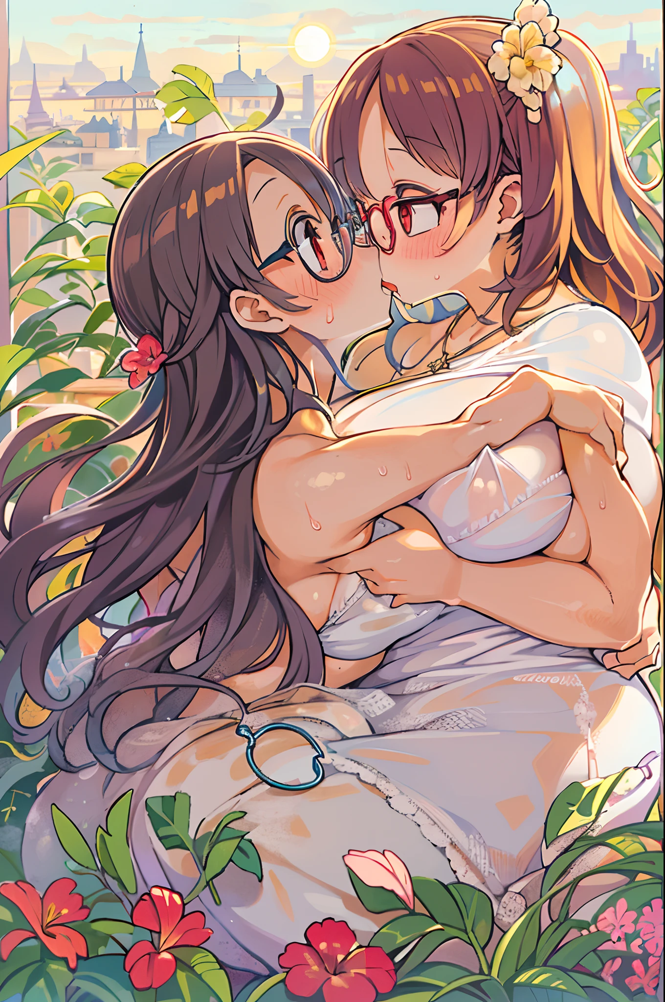 Two-dimensional girl、((Summer light))、Steppe on a summer day、((From the top))、Sun directly above、huge-breasted、big round glasses、bbw,Large Thigh、Two girls、embracing each other、Deep kissing、the kiss、lesbian、red blush、hibiscus