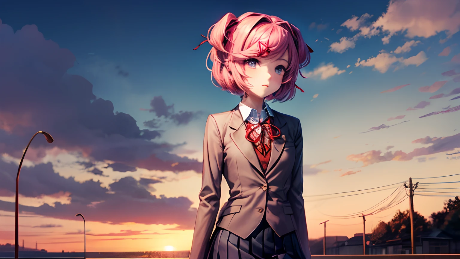 natsuki (ddlc), short hair, pink colored hair, pink colored eyes, small thigh, small chest, small body, school uniform, anime art style, doki doki literature club art style