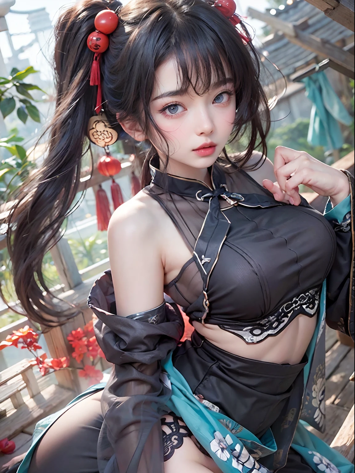 nsfw, 1girl,  body, (masterpiece: 1.4), (8K, realistic, raw photo, best quality: 1.4), skirtlift, strip ,   shape clear, beautiful breasts, Japanese girl, beautiful cute face, (real face: 1.4), perfect , beautiful hairstyle, realistic blue eyes, beautiful detail eyes, (real skin: 1.3), beautiful skin, attractive, ultra high resolution, ultra realistic, cinematic lighting, black colored hair, long hair, twin ponytails, blue ribbons, ancient china, eastern fantasy, chinese garden with lanterns, after , lying, cumdrip, on back,  silly