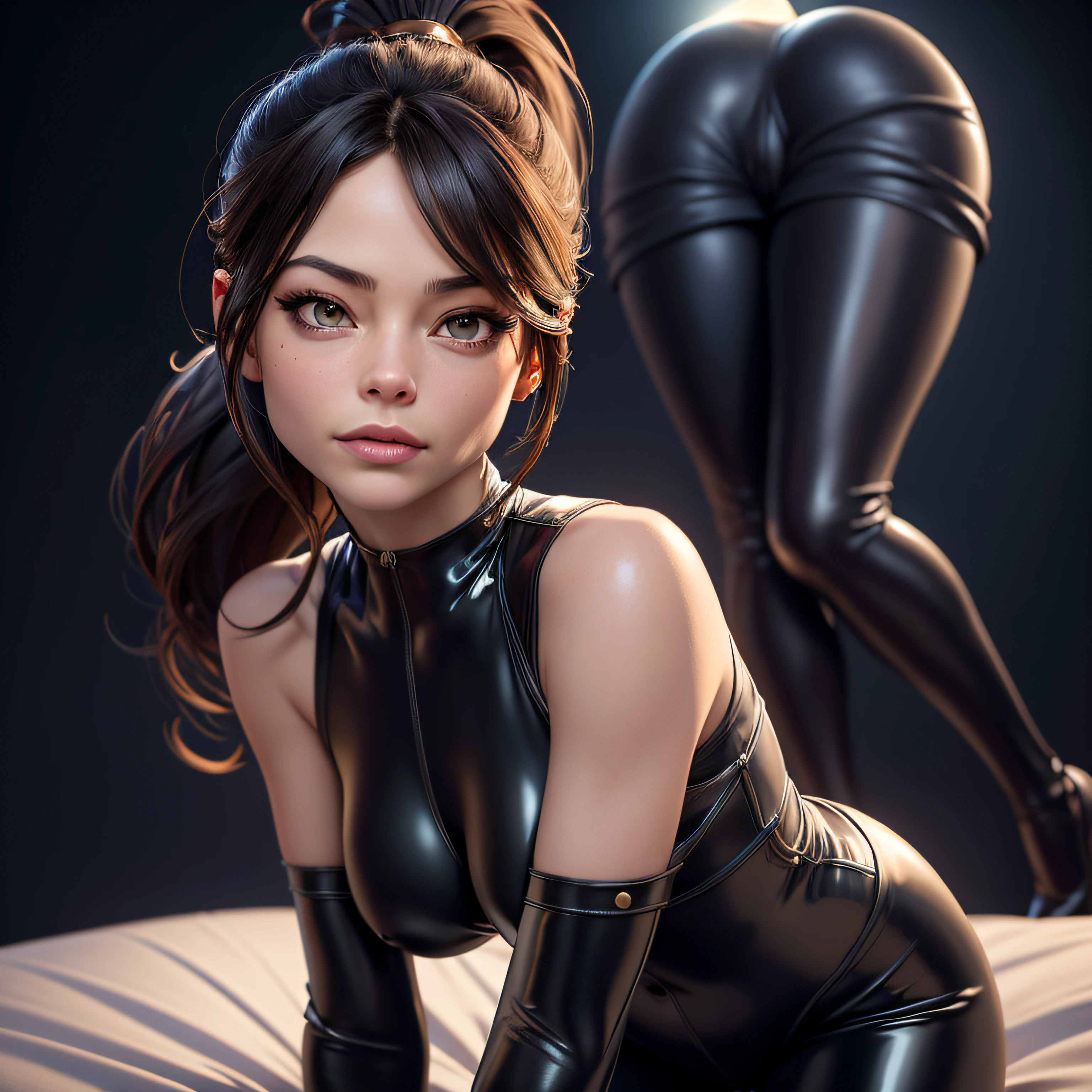 NSFW. 1Kristin Kreuk, brunette, ponytail, Yeux verts, en latex catsuit noir, showing his back to the camera, Spread legs highlighting her buttocks, upper body leaning forward, Desiring a man, Illuminated by the full moon. Vue de New York au fond. Best quality, 8k, detailed skin texture, detailed cloth texture, beautifull detailed face, intricate high detail, Ultra detailded. Beautiful lighting and cinematographic composition make this piece a true masterpiece. golden ratio.