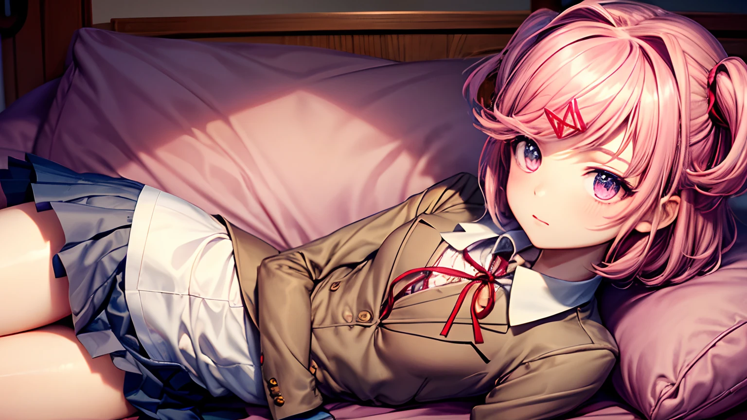 natsuki (ddlc), short hair, pink colored hair, pink colored eyes, small thigh, small chest, small body, school uniform, anime art style, doki doki literature club art style