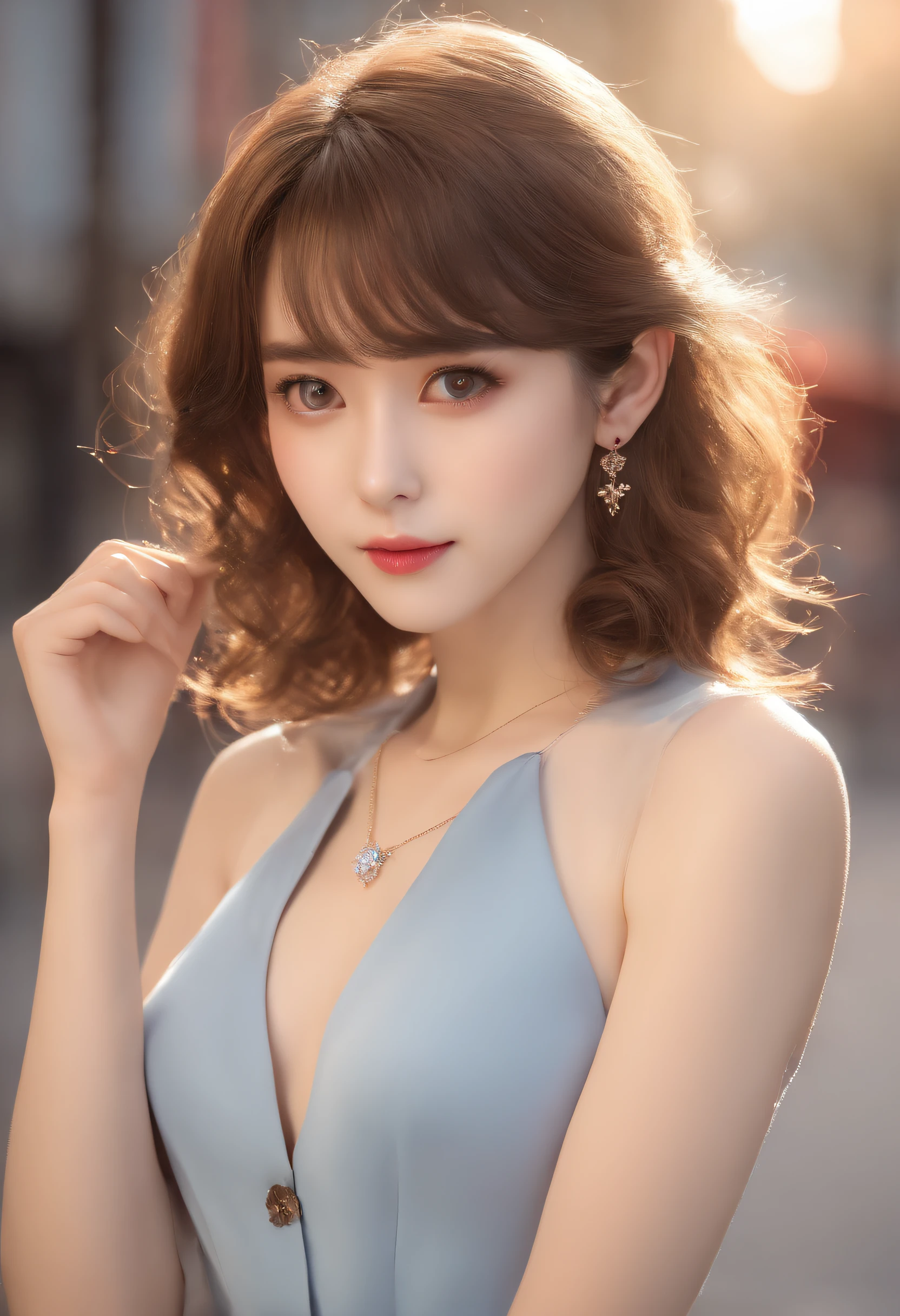 (masutepiece:1.3), High resolution, ultra-detailliert, the Extremely Detailed CG Unity 8K Wallpapers, Realistic, Photorealsitic, Raw photo, beautifull detailed face, pale skin, realistic glistening skin, Detailed Cloth Texture, detailed hair texture, Perfect Style, Beautiful face, acurate, Anatomically correct, Highly detailed face and skin texture, Natural neck length, Break detailed eyes, symmetrical eye, Brown eyes, Double eyelids, Thin eyebrows, (Sexy lips:1.3), BREAK, ((a Innocent and cute girl:1.3)), ((Wearing a sleeveless light blue button shirt dress :1.4)), (Beautiful collarbone), (Cross Strap Shoes), shiny little (Necklace, Bracelet), ((large hoop earrings:1.2)), (Ring belt:1.2), (Hobo bag over the shoulder:1.3), Layered hairstyle, dark brown hair, Wavy Hair, Medium Long Hair, (embarrassing smile:1.1), (Wet eyes, shiny eyes), (medium large breasts, firm breasts, nice shaped breasts:1.1), BREAK, ((Stand in front of Japan bus doors:1.2)), ((looking back at viewer:1.3)), BREAK, ((upperbody shot:1.2)), (Face Focus:1.2), (from behind:1.1), (Beautiful sunset background sparkling:1.4)
