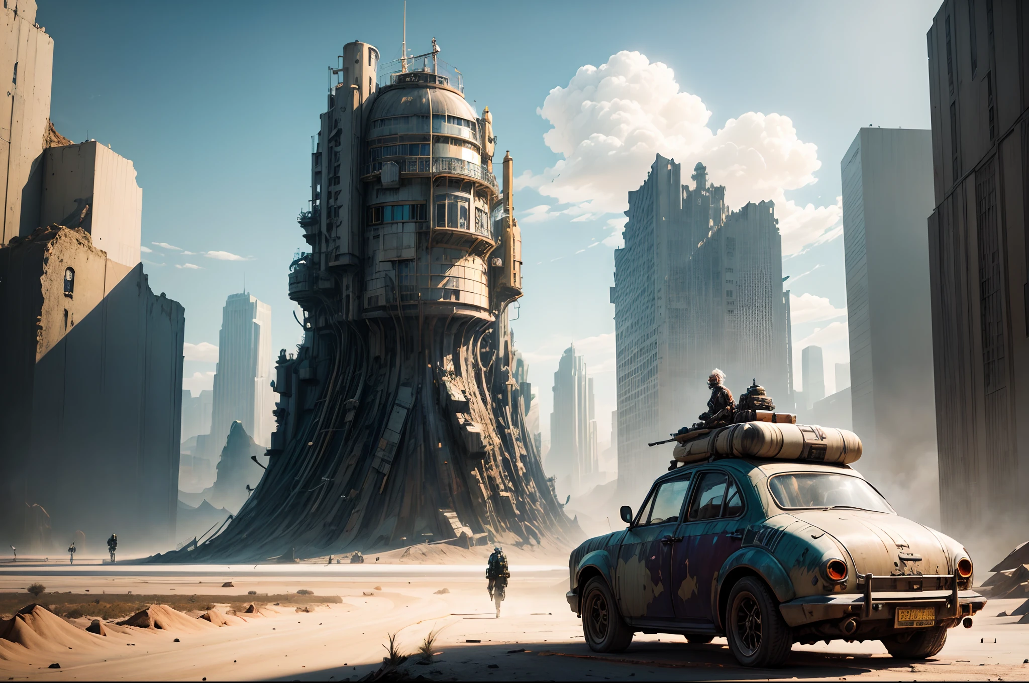 Dive deep into a digital artwork that blends the style of expressionist Darkfall Sandman with the surrealism of "The Wrinkled Nomad". This speed painted piece showcases an old wanderer with salt-and-pepper hair traveling alongside an alien pet through a dystopian landscape, inspired by both Simon Stålenhag and Ryan Church. The environment, distorted and detailed, is enriched with unusual vibrant colors, capturing the essence of both the crystal sculptures of Ismail Inceoglu and the dieselpunk era. Capture this epic journey with a DSLR in 14k uhd, ensuring a museum-quality composition.