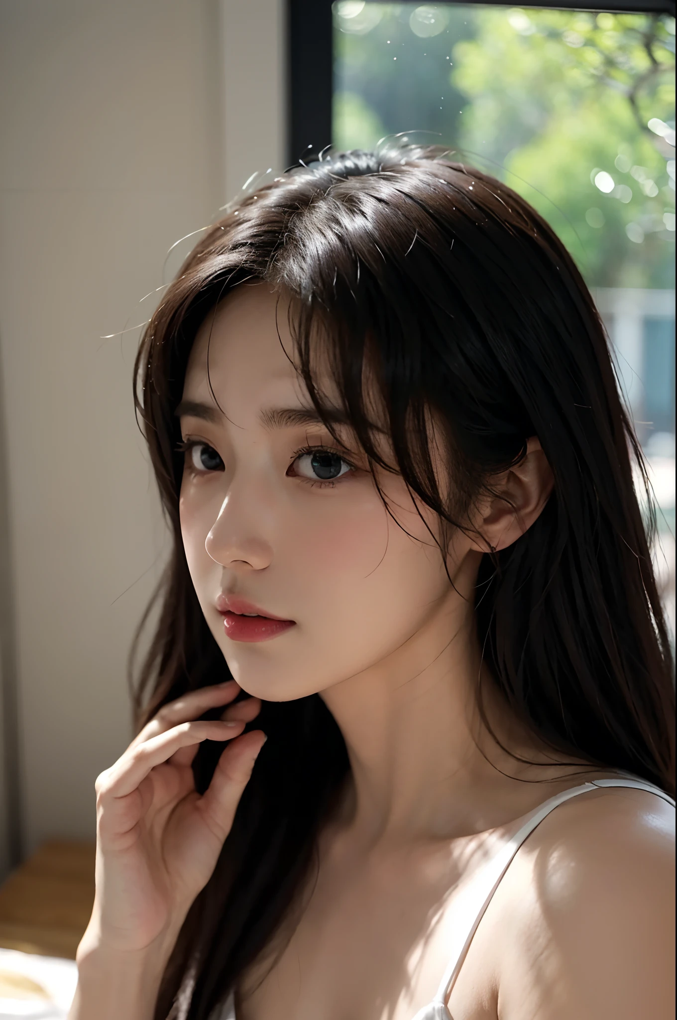 Taiwanese actress、Miss Taiwan、Top、top grade、Unclear、refinement、goddes、perfect bodies、length hair、fine skin texture and cloth texture、Detailed eye texture、long eyeslashes、二重まぶた、(Chest close-up:1.4)、Hotel、8K、Top image quality、​masterpiece、超A high resolution:1.2、Photo of beautiful woman with girly and elegant style theme、Bright dress、Soft organza dress、Arad woman taking photo in flowing dress、 Elegant dress、Wide waist、lacy fabric、lace bra、Ren Hao、Light Dresses、Elegant dress、A flowing、chiffon、Boiled Dress、doress、wearing dresses