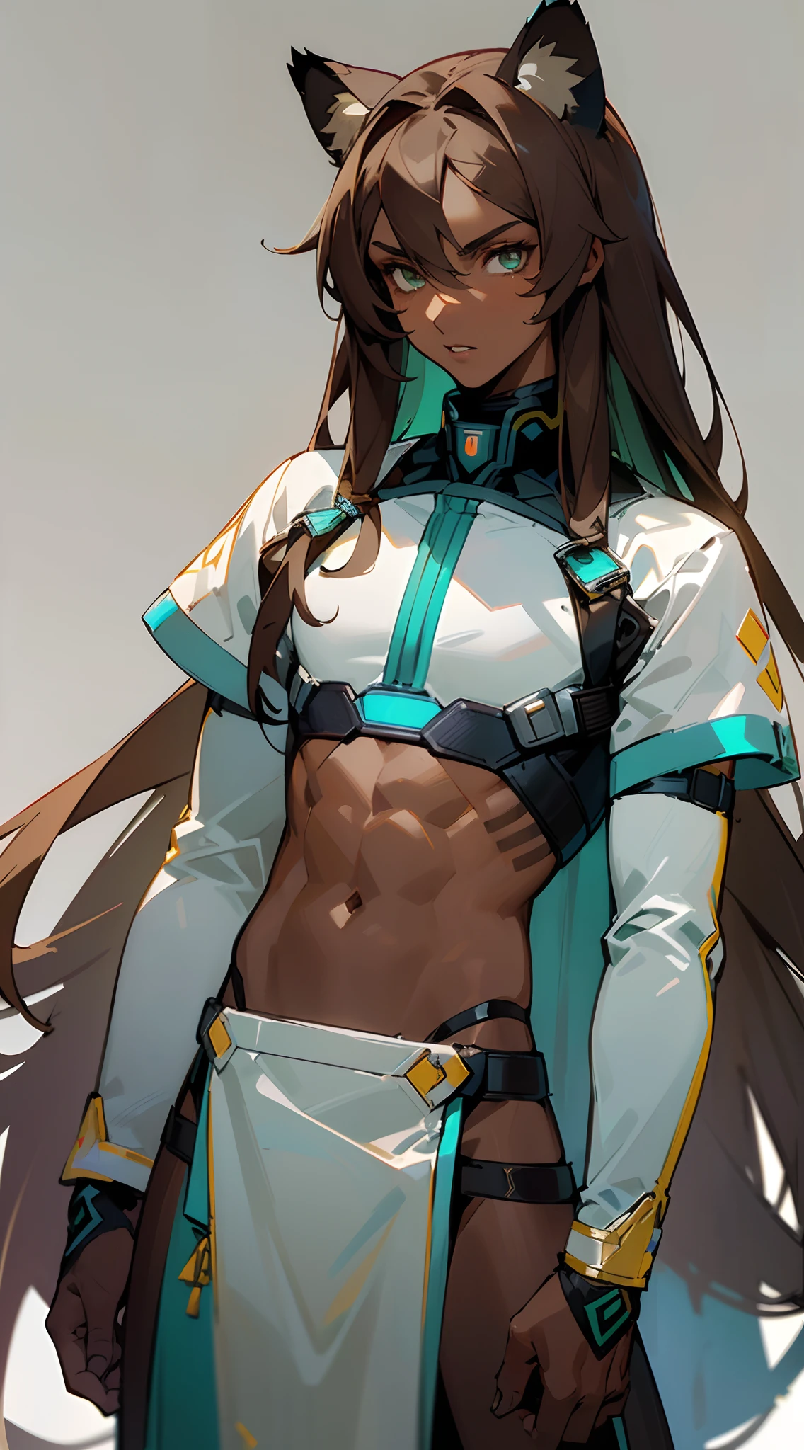 (masterpiece, best quality:1.3),beautiful detailed glow,best illuminate,(((best quality,textile shading,ultra detailed))),extremely detailed CG unity 8k wallpaper,Highly Detailed beautiful and aesthetic,best light,high resolution,detailed,dynamic lighting , mix of sword art online and futuristic style clothes , ((gray background)) , ((wearing the colors white, gold and blue:1 )), ((Beautiful man:1)) , ((Dark skin:1.5)) , (( Extremely long hair)) , ((Brown hair)) , ((male:1.4)) , full lips , pastel Green eyes , ((has black Tiger ears:1)) , ((Crop top:1)) , ((Skinny build)) ,effeminate , age 32