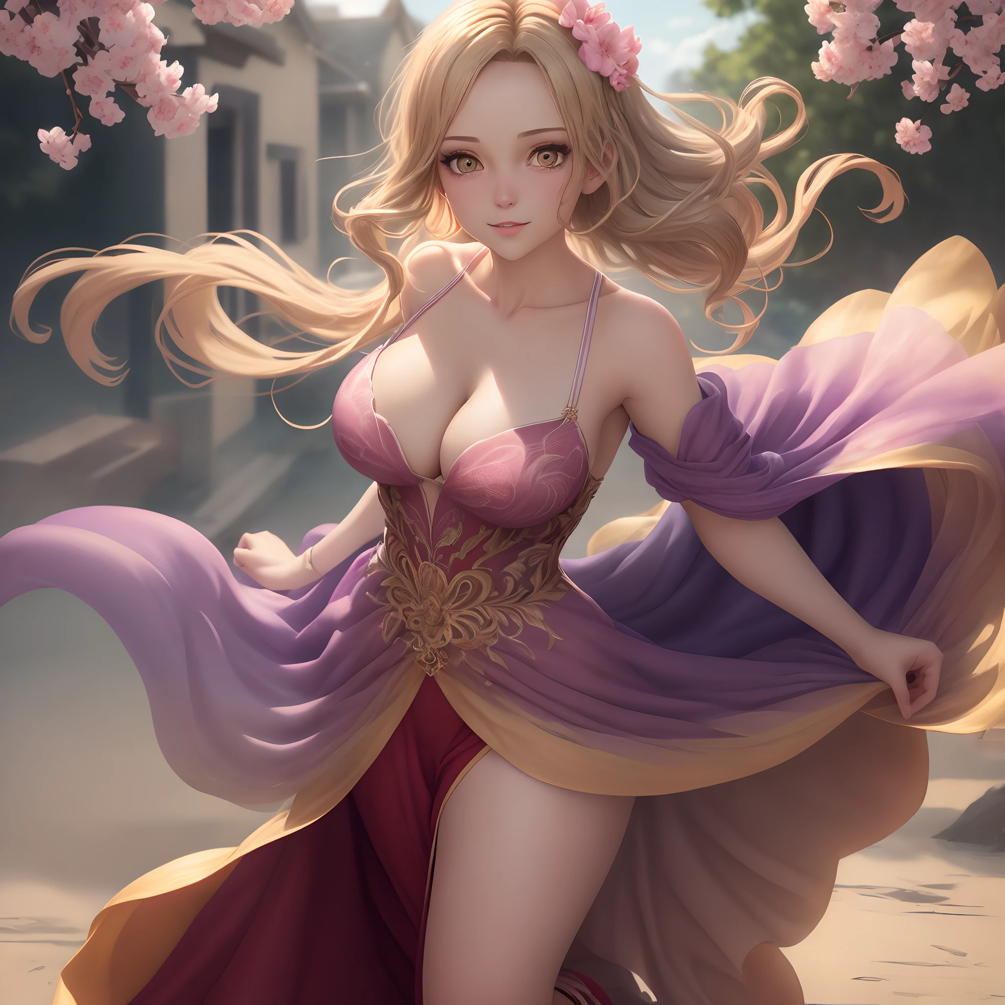 {{{masutepiece}, }}, {the Extremely Detailed CG Unity 8K Wallpapers}, amazing, finely detail, Solo, {{Floating hair}, }, {{Sakura}, }, Outdoors, skyporn, {{Wind}, }, Detailed background, Beautiful detailed eyes, See-through:evening gown:0.3, cleavage, Bright pupils, {{Full body}, }, Dynamic Pose, Dynamic Angle, cleavage, Looking at Viewer, detailed clothes, Cinematic lighting, close-up, Best Quality