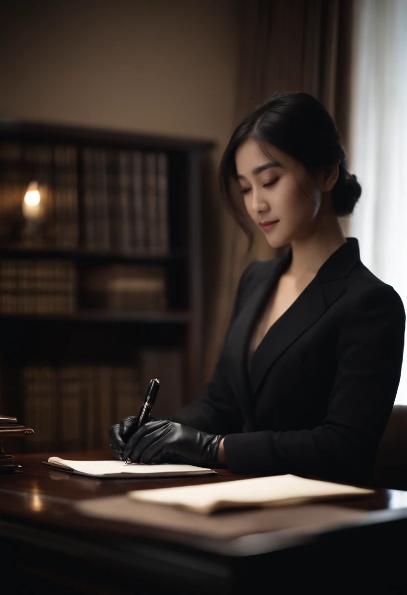 Wearing black leather gloves in both hands, upper body, black business suit, facing the desk in the modern study in the dark, looking down and smiling, writing a letter using a fountain pen, long, straight black hair, young Japanese woman (black leather gloves cover both hands)