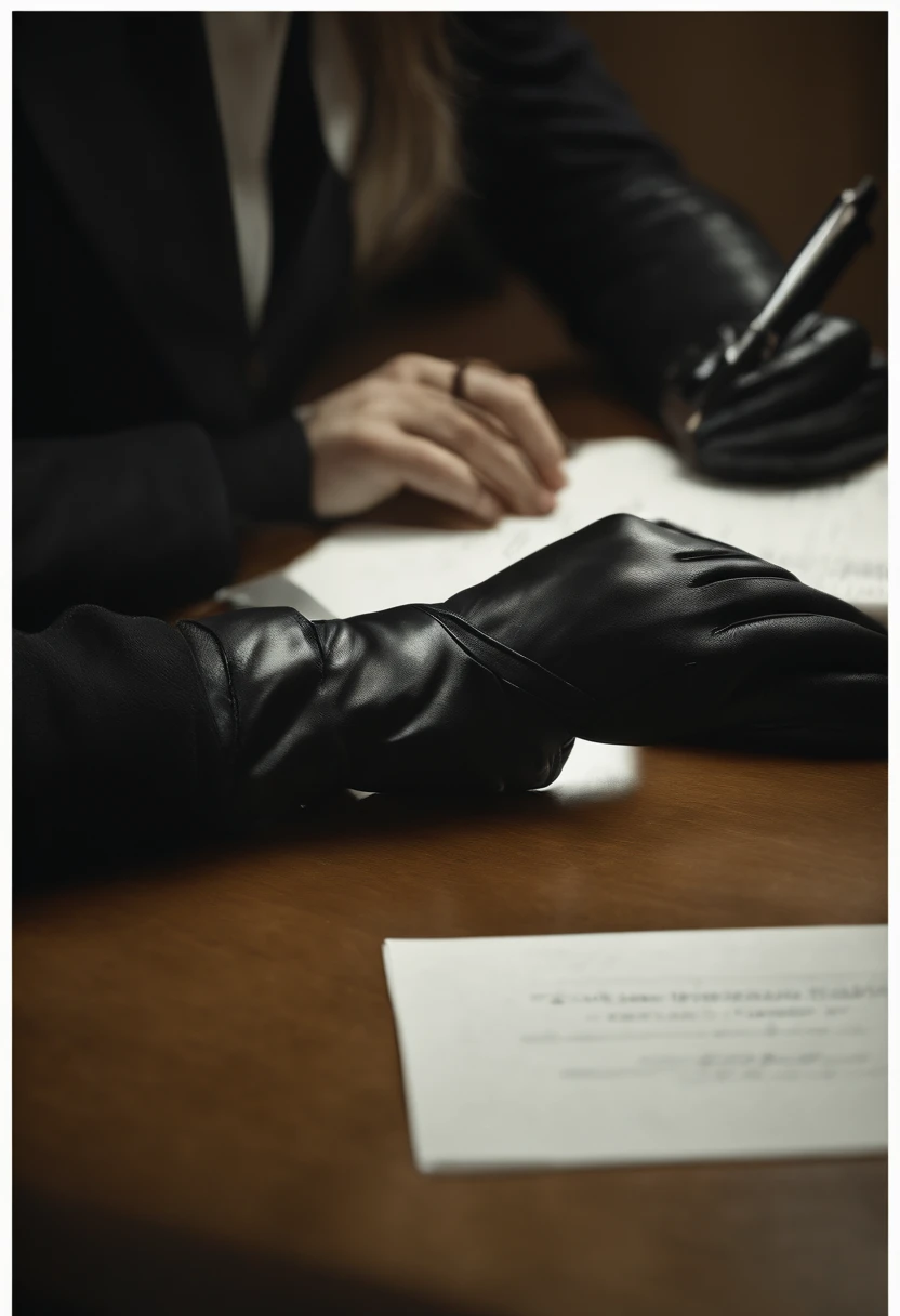 Wearing black leather gloves in both hands, upper body, black business suit, facing the desk in the modern study in the dark, looking down and smiling, writing a letter using a fountain pen, long, straight black hair, young Japanese woman (black leather gloves cover both hands)