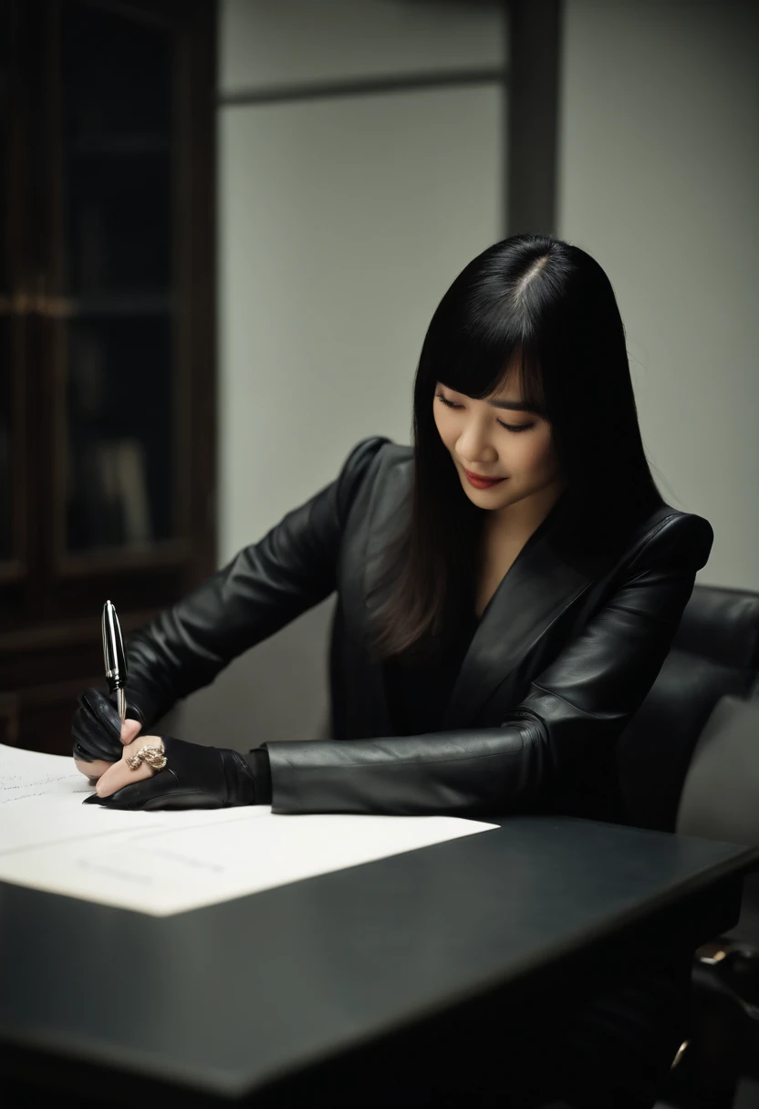 Wearing black leather gloves in both hands, upper body, black business suit, facing the desk in the modern study in the dark, looking down and smiling, writing a letter using a fountain pen, long, straight black hair, young Japanese woman (black leather gloves cover both hands)
