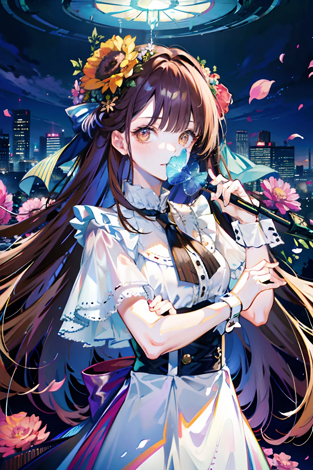 best quality, detailed wallpapers, highest resolution, 8k wallpapers, blooming flowers, messy hair, shiny hair, bright pupils, big exposure, focus on clothes, long brown hair, brown hair, random pose, glass ceiling, hair for more than one eye