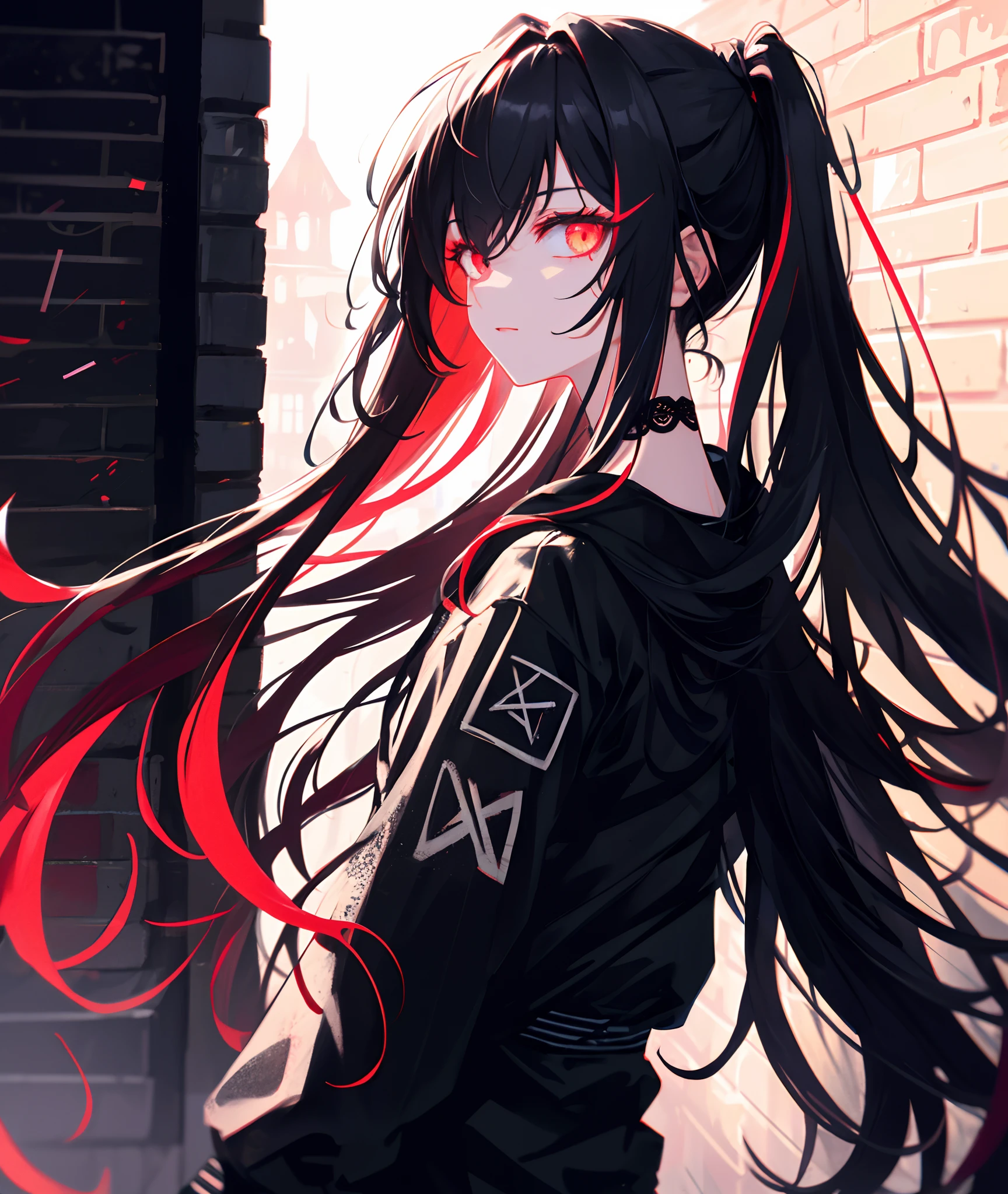 From back, eye contact,best quality, intricate details, chromatic aberration, 

1girl, long hair, black hair, messy hair, red highlights, hair over one eye, red eyes, sharp eyes, 

choker, neon shirt, torn legwear, open jacket, 

against wall, brick wall, graffiti, glowing grafiti, glowing tattoos, glow, neon lights, 


blacklight,